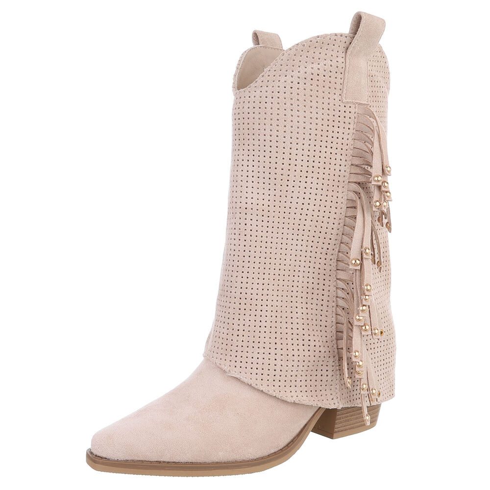 Ital-Design Damen Boots mit Fransen und perforiertem Design Westernstiefel (91154630) Blockabsatz Stiefel in Beige