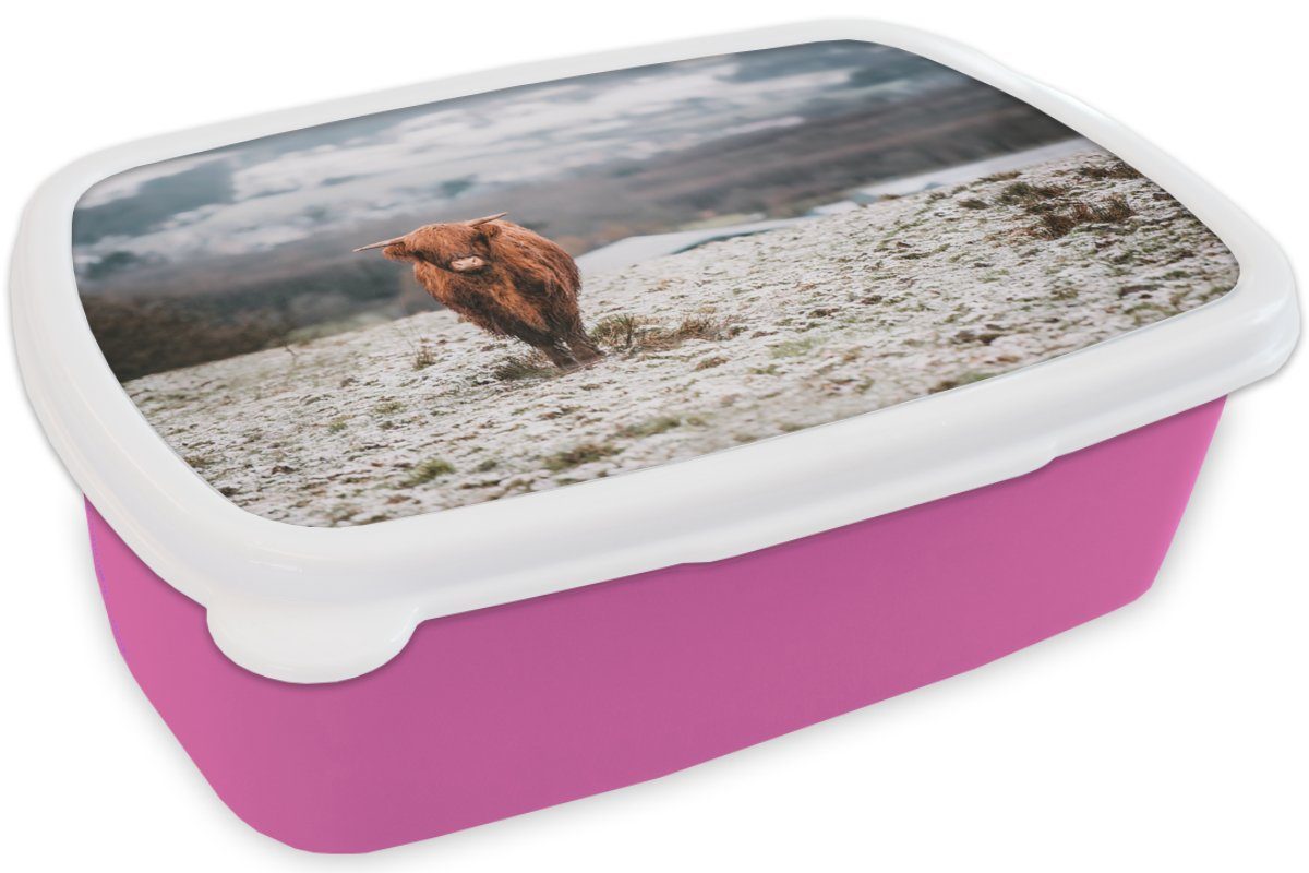 - Kunststoff, (2-tlg), Mädchen, Kinder, Himmel, Kunststoff Erwachsene, Brotdose MuchoWow Lunchbox Schottischer Snackbox, Highlander Schnee rosa Brotbox für -