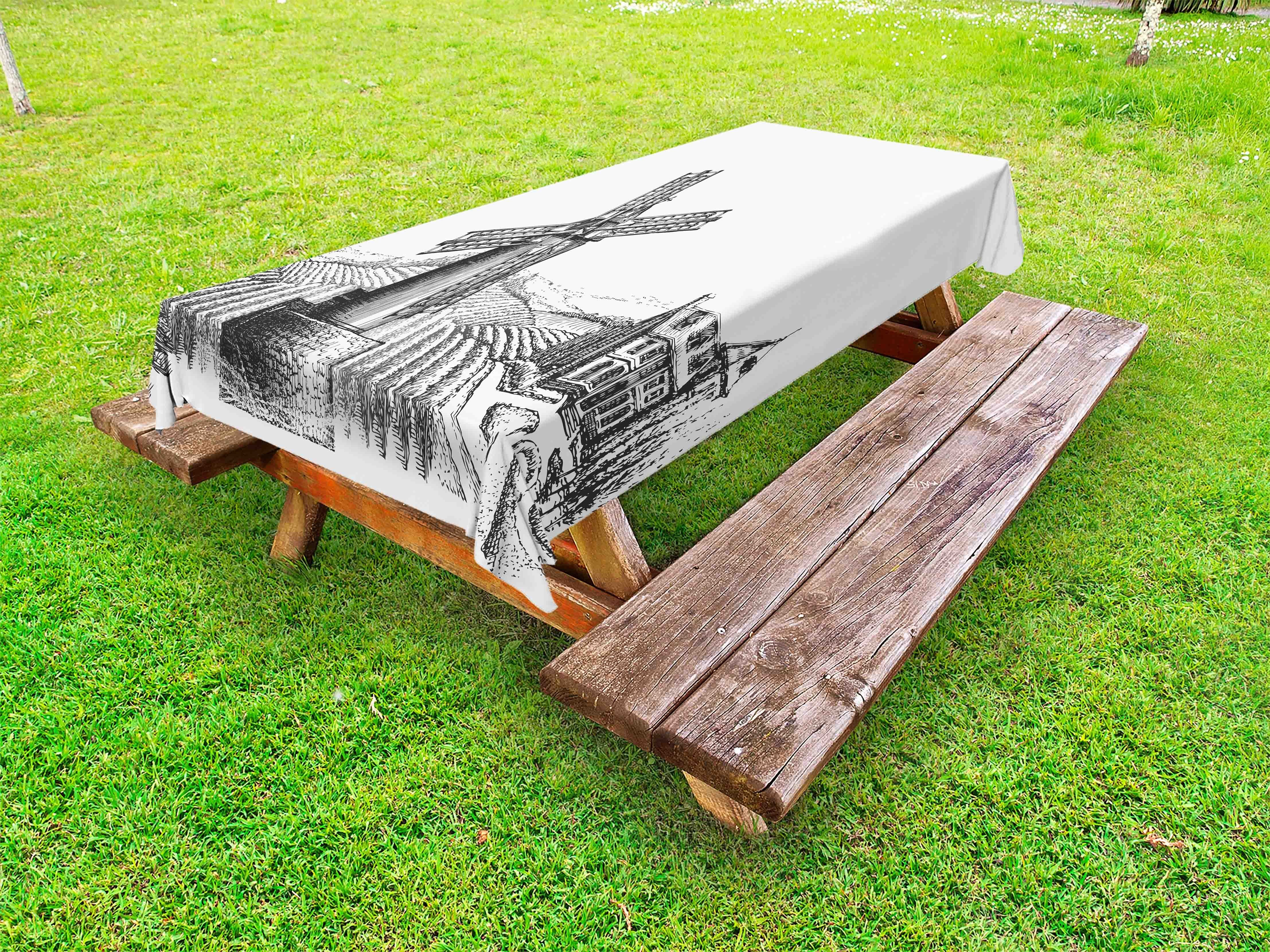 Abakuhaus Tischdecke dekorative waschbare Picknick-Tischdecke, Ernte Windmühle auf dem Bauernhof und Haus