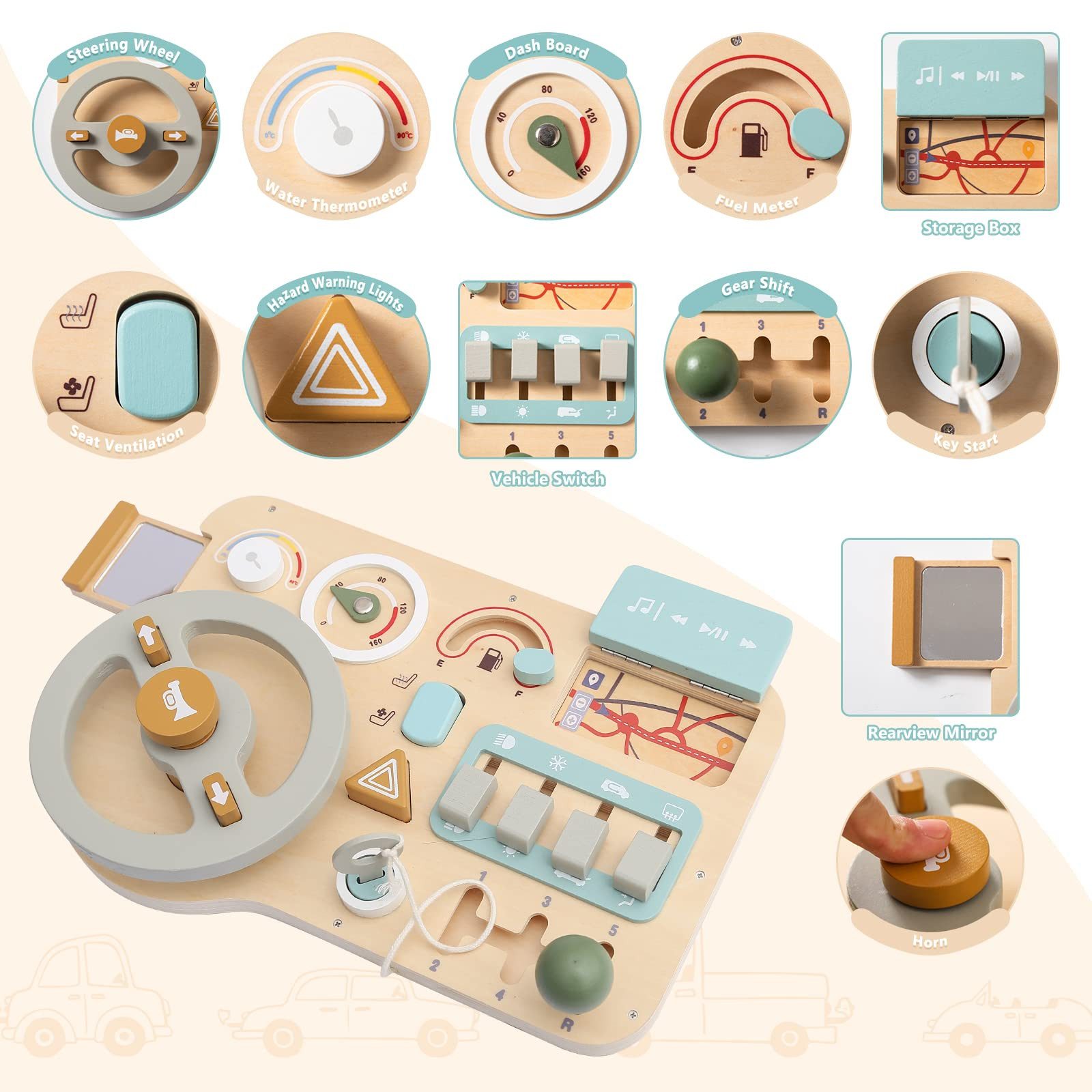 CLTYQ Motorikbrett Motorikbrett Montessori Sensorik,Busy Board Kinder Lenkrad, Simuliertes Lenkrad,Holzspielzeug für Baby, Reisespielzeug,Geschenk