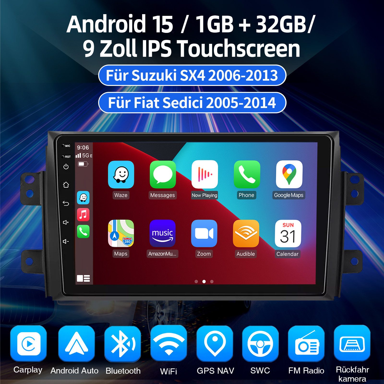 ESSGOO 9'' DAB+ Autoradio Android 15 für Suzuki SX4 2006–13 CarPlay GPS Navi Autoradio (RDS, 4+64GB(optional), FM, AM, DAB+ (optional), Android Auto Apple Carplay,Bluetooth,USB,WIFI)