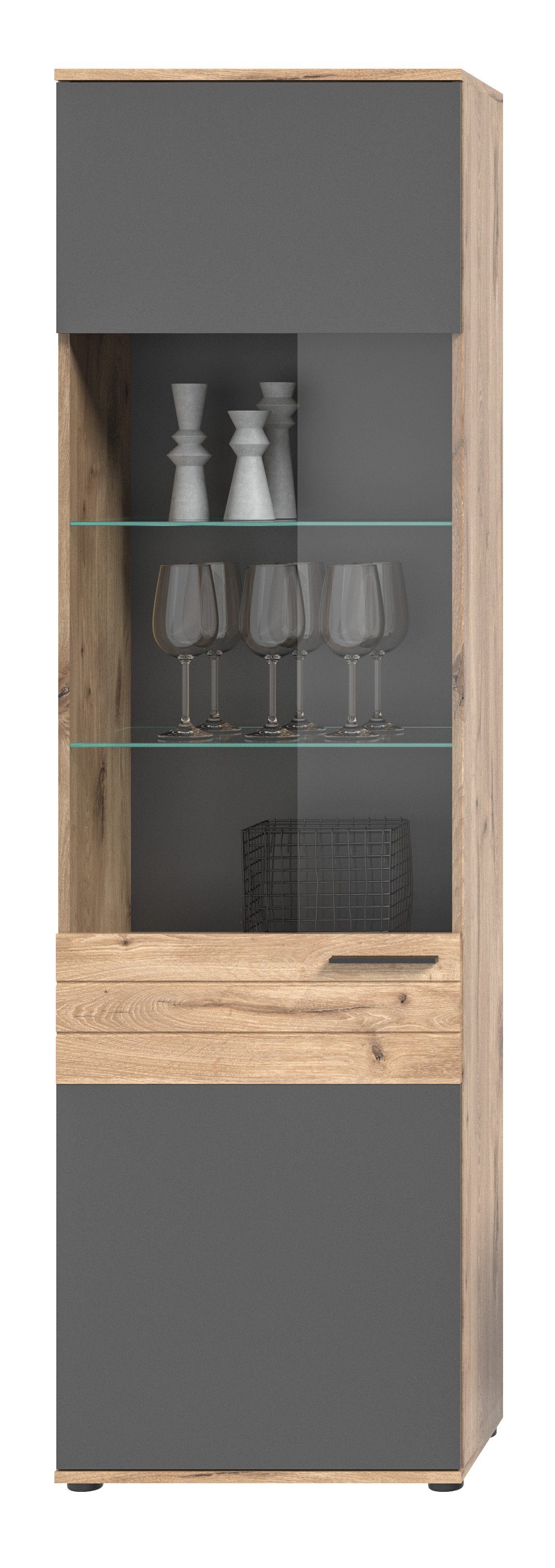 furnling Vitrine Moskau 57 x 200 x 37 cm, in Eiche/Grau mit Softclose-Funktion, Schrank