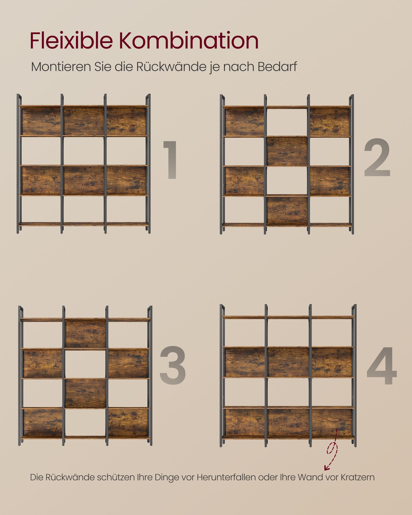 VASAGLE Bücherregal Küchenregal, Standregal, Flur, Küche, Büro, stabiles Stahlgestell, mit 5 offenen Regalebenen, Industrie-Design, 128 x 154.1 x 24 cm