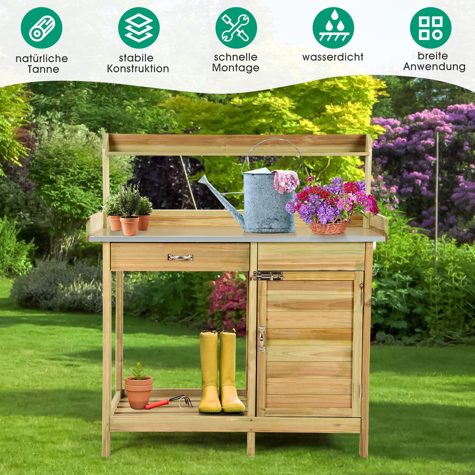 COSTWAY Pflanztisch, mit Schrank, Regal, 3 Haken, Schublade