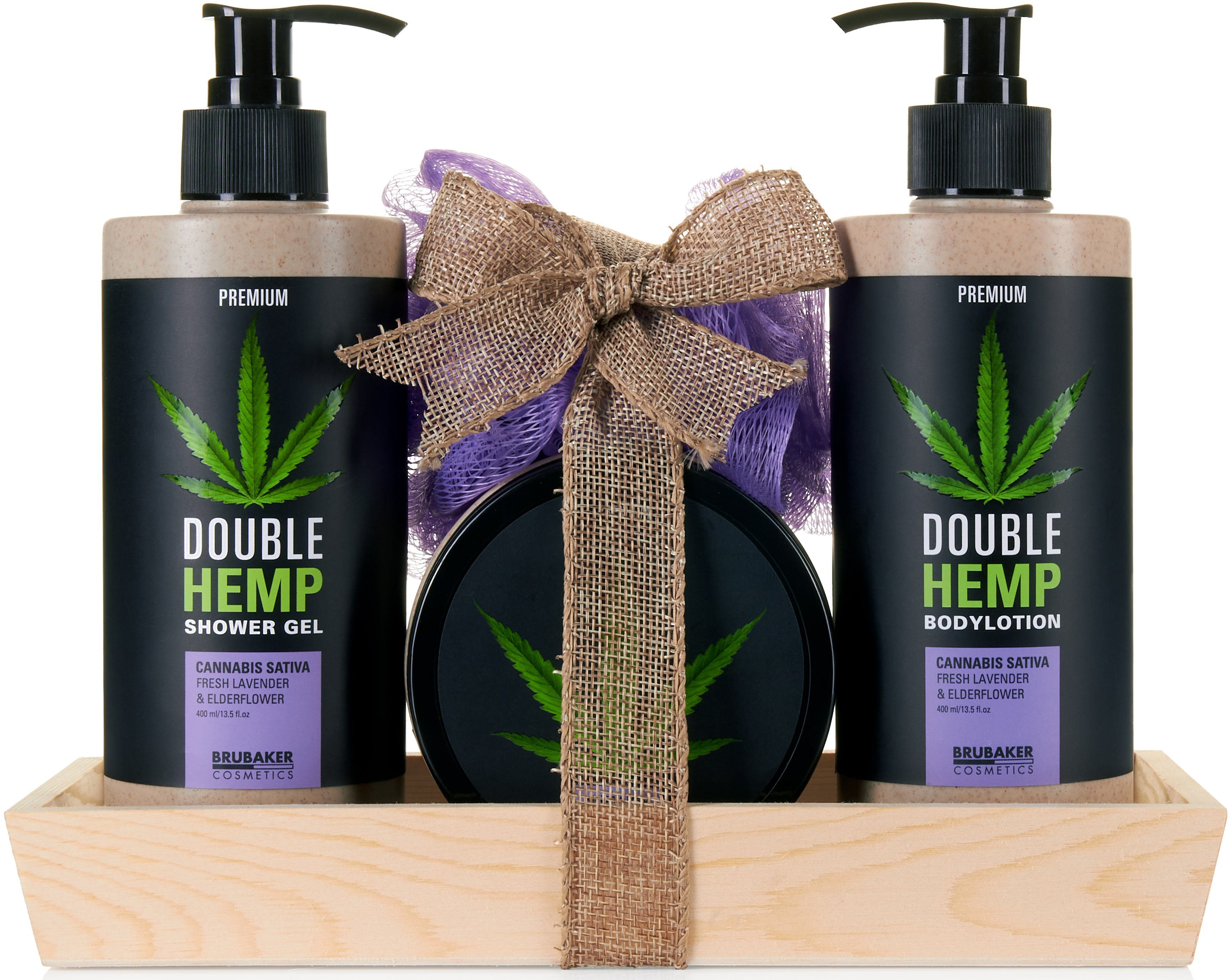 BRUBAKER Pflege-Geschenkset Dusch- und Badeset mit Deko-Tablett Holz, Wellness Geschenkset, 5-tlg., Hanf Beautyset mit Lavendel & Holunderblüten Duft, Damen Pflegeset