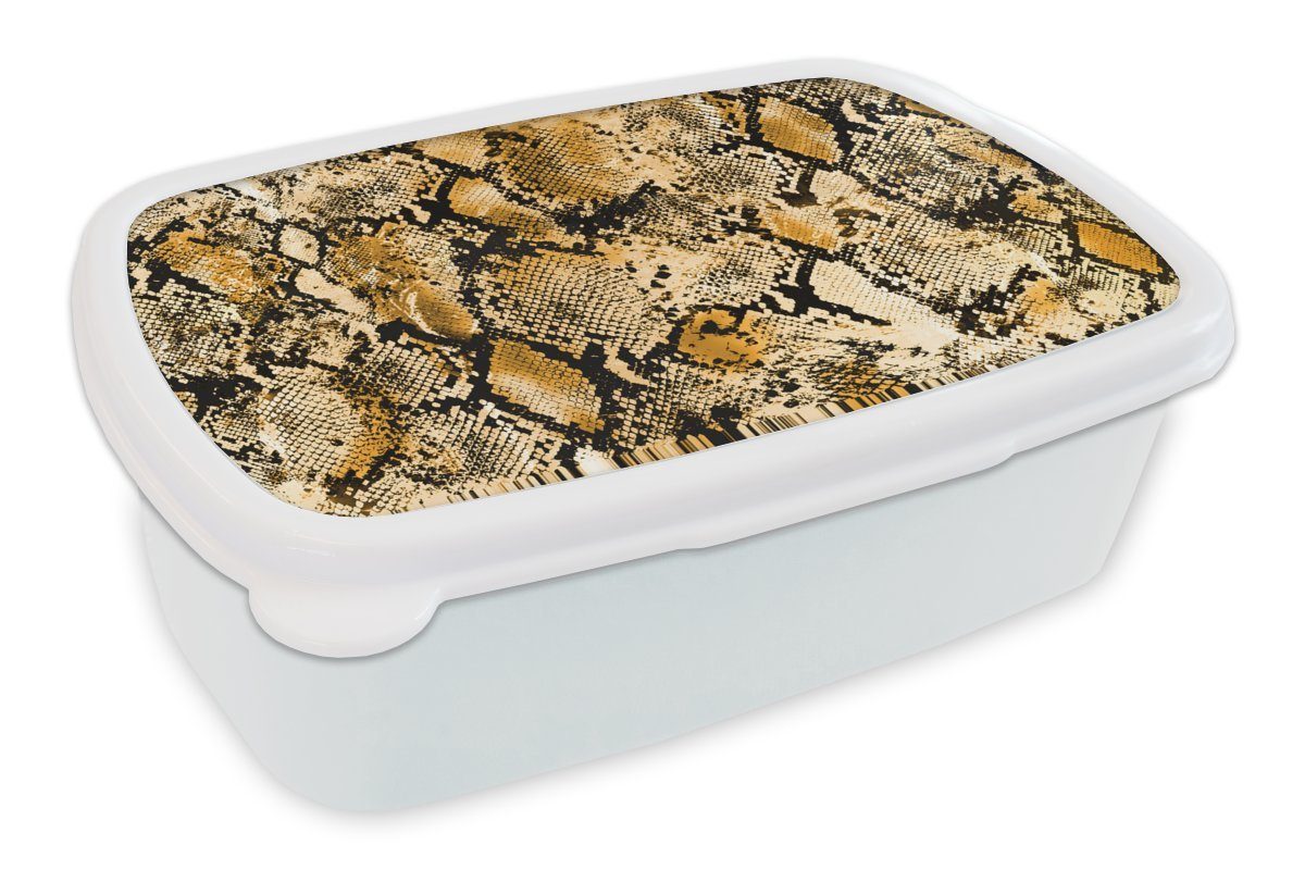 MuchoWow Lunchbox Tiermuster - Gold - Schlange - Schuppen, Kunststoff, (2-tlg), Brotbox für Kinder und Erwachsene, Brotdose, für Jungs und Mädchen weiß