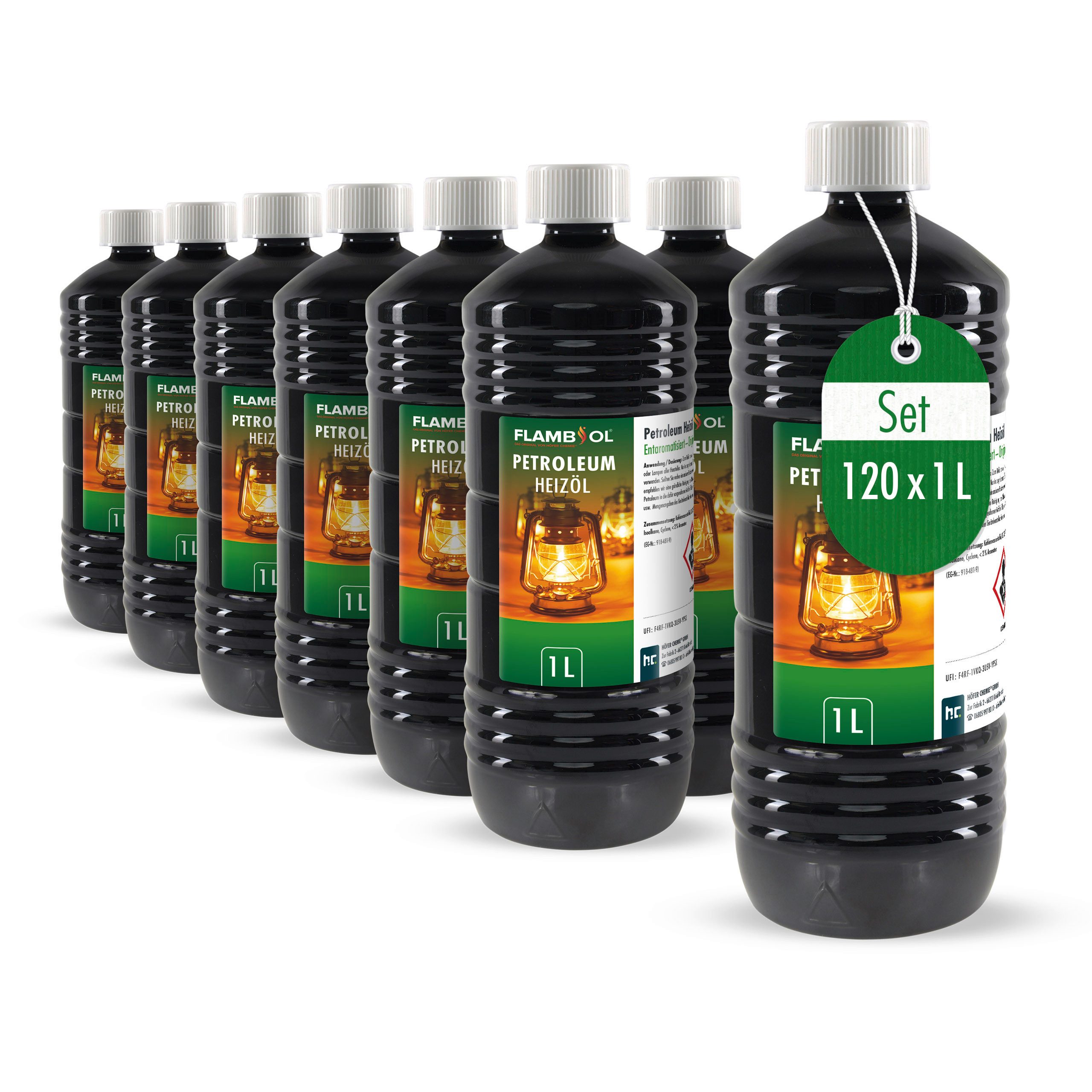 Höfer Chemie GmbH Petroleum 120x 1 L FLAMBIOL® Petroleum Heizöl in Flaschen, 120 l, (120-St), Sauberer Brennstoff für Öfen und Heizungen