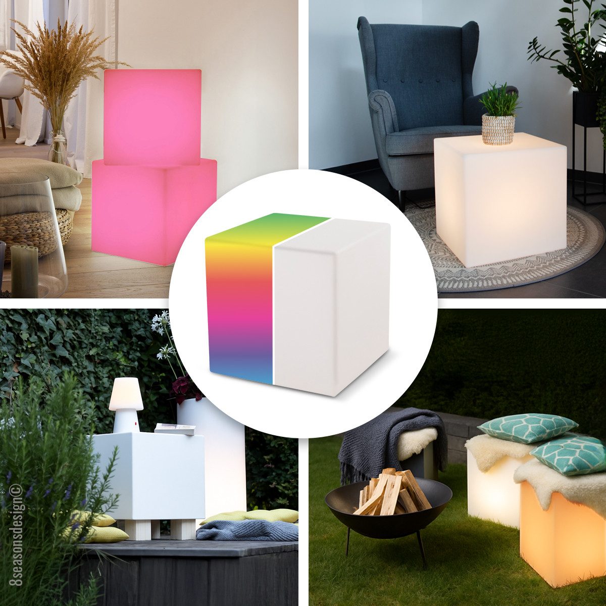 8 seasons design LED Würfel Shining Cube, Würfelleuchte für außen (Garten, Terrasse, Balkon), LED wechselbar, E27-Fassung, warmweißes und buntes Licht (15 Farben), dimmbar, RGB Farbwechsel, Fernbedienung - robust & langlebig