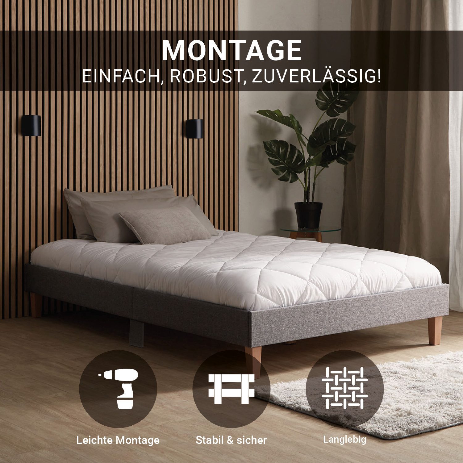 Homestyle4u Polsterbett 120x200 Doppelbett ohne Kopfteil Grau mit Lattenrost und Matratze (Komplett-Set mit Lattenrost, Matratze mit OEKO-TEX® Standard 100), Bettgestell