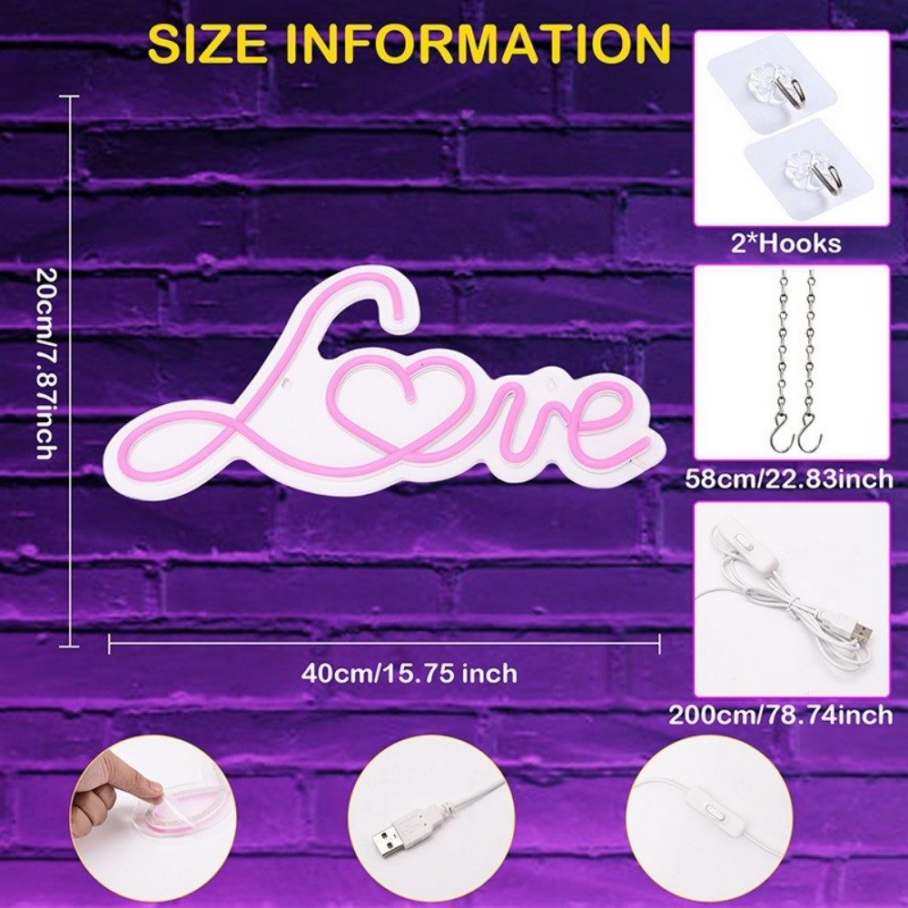 POPOLIC LED Dekolicht LED-Neonlicht-Schild, 40x20 cm, Pink Love, Wanddekora günstig online kaufen