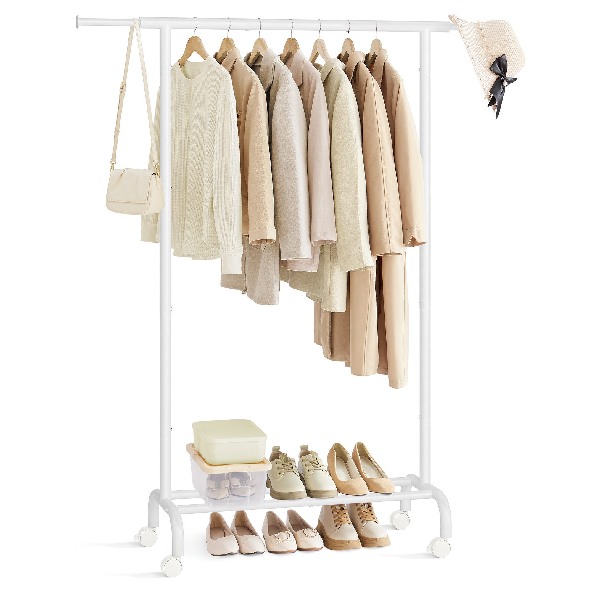 Simple Houseware Kleiderständer Mit Schuh-Organizer & Ausziehbarer Stange – Grau, 16 Schuhfächer & Rollen