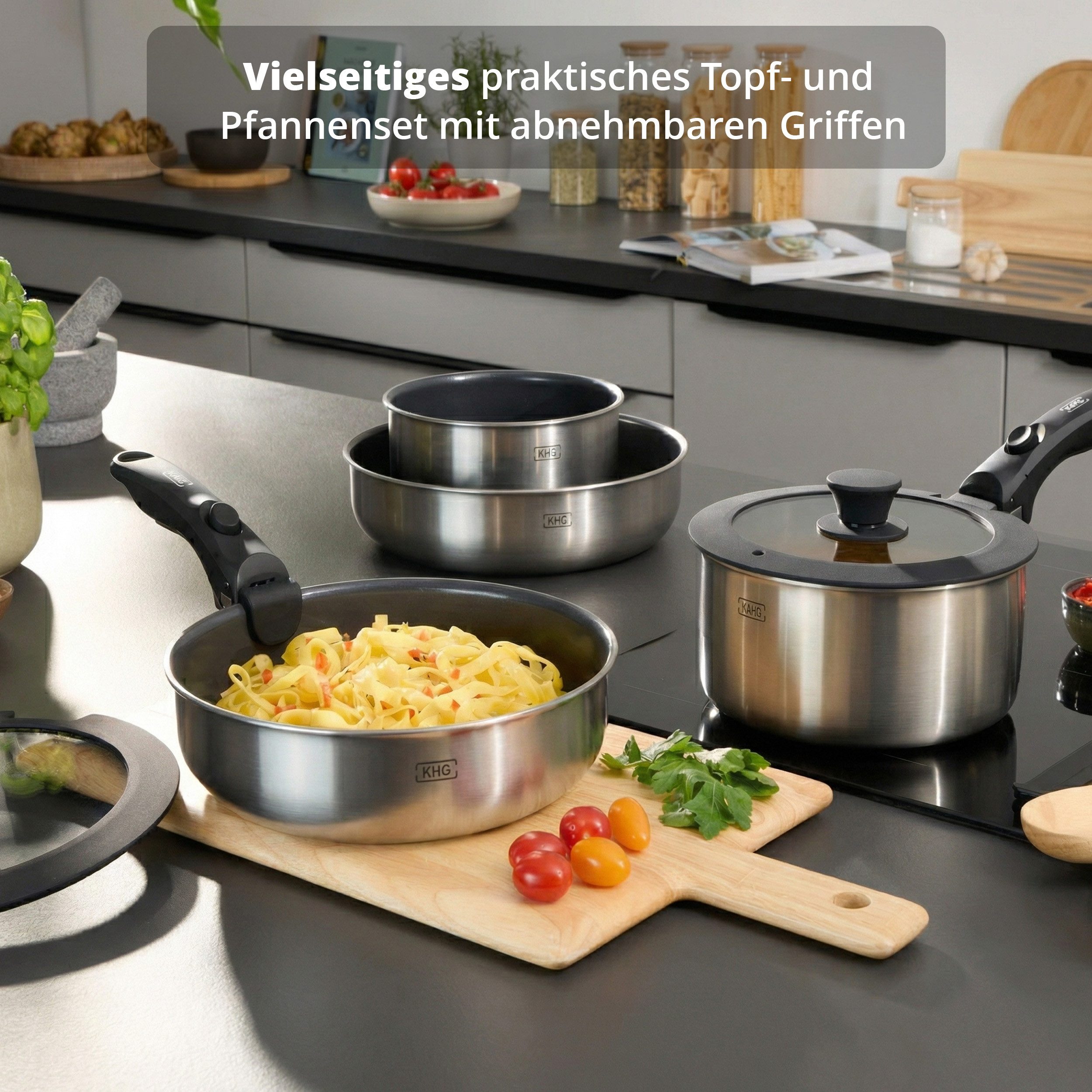 KHG Topf-Set mit abnehmbaren Griffen, für alle Herdarten inklusive Induktion, Edelstahl (Topf-Set, 8-tlg), Keramikbeschichtet, Glasdeckel mit Silikonrand, Soft-Touch Griffe