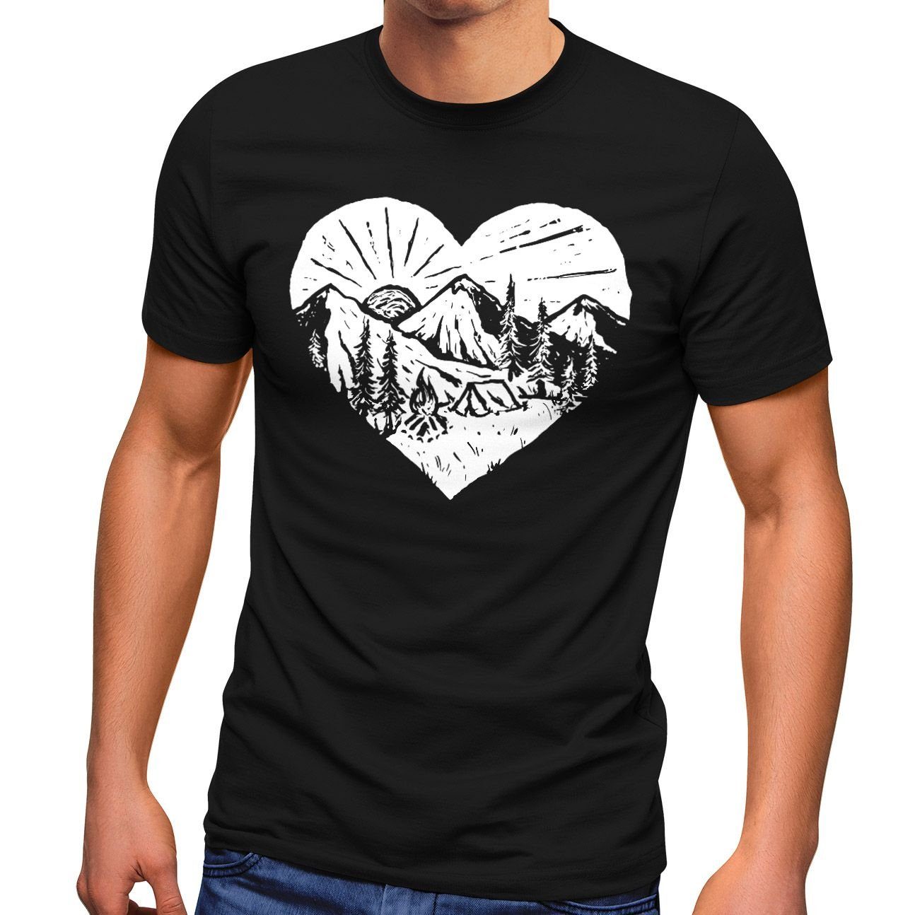 Neverless Print-Shirt Herren T-Shirt Wandern Berge Naturfreund Adventure Camping Muskelshirt Muscle Shirt Printshirt Neverless® mit Print schwarz