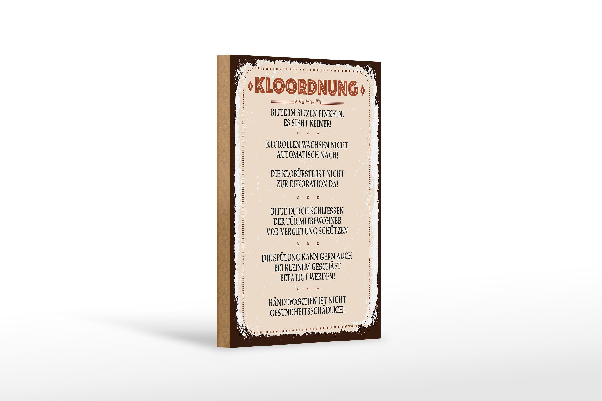 Femer GmbH Holzbild Spruch Kloordnung bitte im sitzen pinkeln 12x18 cm, Sprüche Zitate Lustiges (1 St), Glatte Holzfaserplatte (MDF), vorn beschichtet