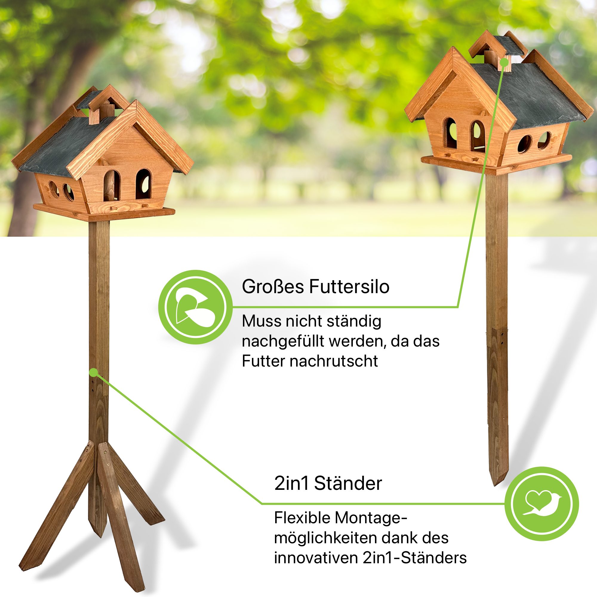 Thumbnail - gartenetage Vogelhaus Vogelfutterhaus mit Schieferdach und 2in1 Ständer, wetterfest und stabil