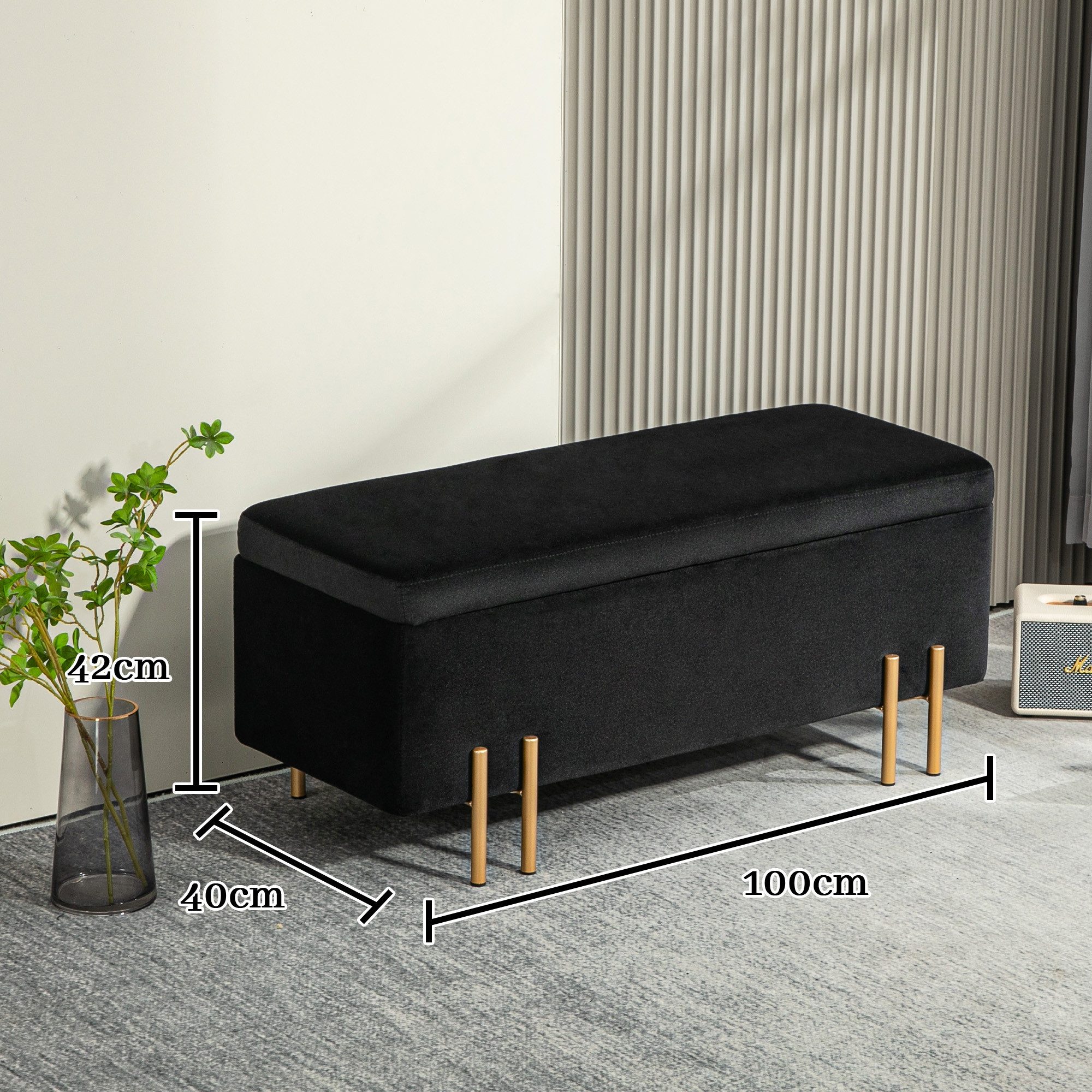 HOMCOM Sitzbank mit Stauraum (Polsterbank, 1-St., Truhenbank), Stoff, Metall, Gummiholz, Schaumstoff, Schwarz, 100 x 40 x 42 cm