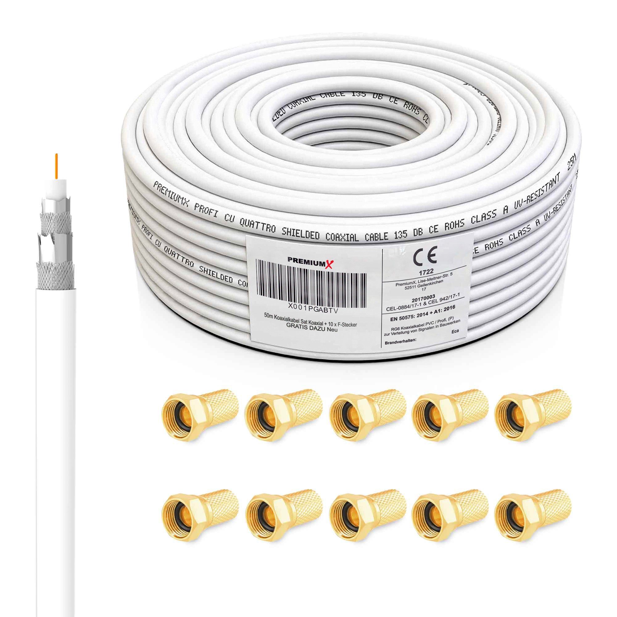 PremiumX 50m PROFI Koaxial Kabel 135dB 4-Fach Innenleiter KUPFER + F-Stecker SAT-Kabel