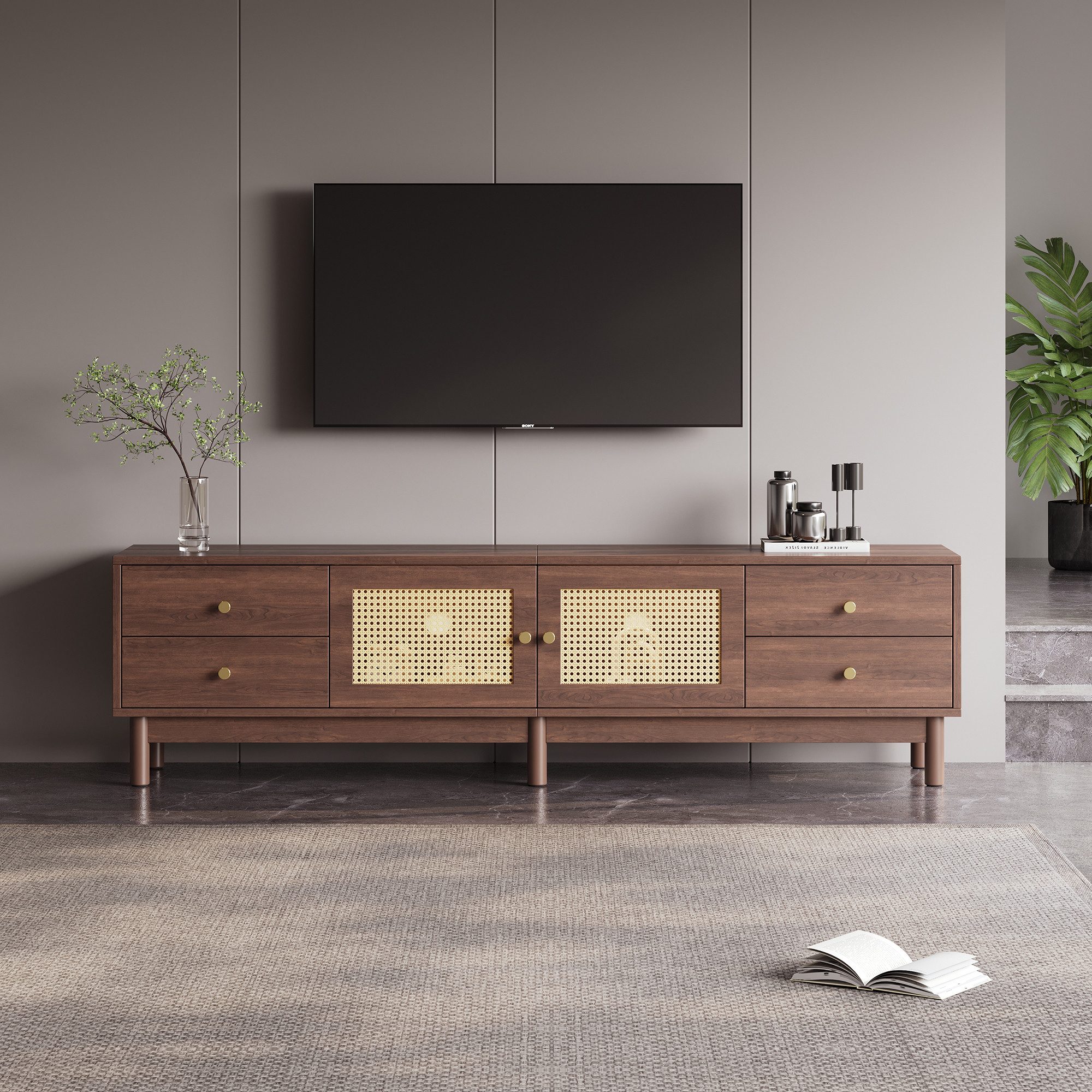 Merax Lowboard Lowboard mit Rattantüren und 4 Schubladen, TV-Schrank Fernsehtisch, Breite:180cm