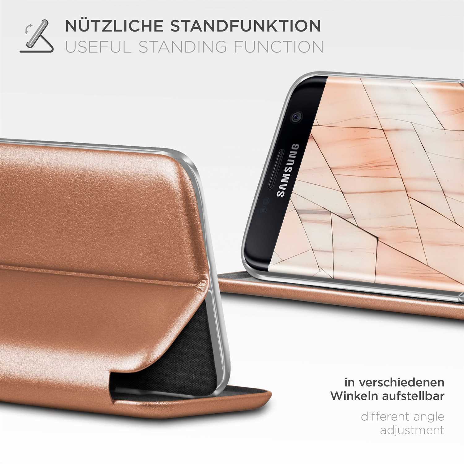 ONEFLOW Handyhülle für Samsung Galaxy S7 Edge Premium Hülle Business Cover Rosa 5,5 Zoll, 360 Grad Schutzhülle Flip Case Etui Klapphülle Dünn Leder Handy Tasche