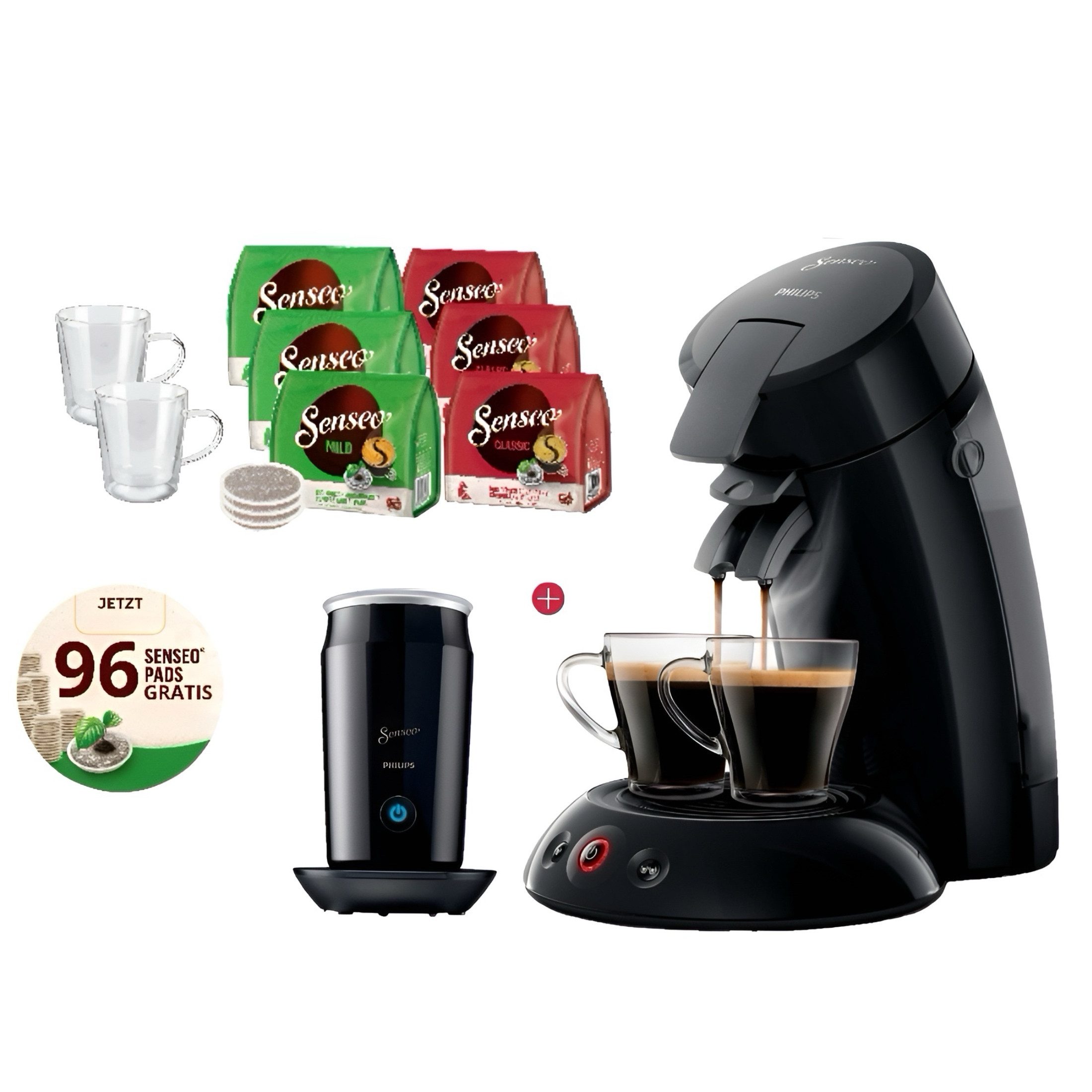 Philips Senseo Kapsel-/Kaffeepadmaschine Kaffeemaschine mit Milchaufschäumer + 96 Kaffeepads 2 Gläser Gratis, 0,7l Kaffeekanne, Edelsthalfilter, Magnetisches Aufschäumen, Kaffee Boost und Crema Plus Technologien, Doppelte Kaffeezubereitung