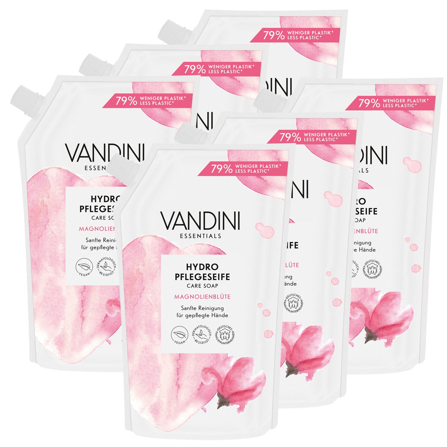 VANDINI Flüssigseife Hydro Seife Nachfüllbeutel mit Magnolienblüte Duft, vegan, 3000ml, 6-tlg.