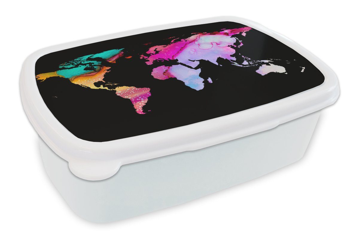 MuchoWow Lunchbox Weltkarte - Aquarell - Regenbogen, Kunststoff, (2-tlg), Brotbox für Kinder und Erwachsene, Brotdose, für Jungs und Mädchen weiß