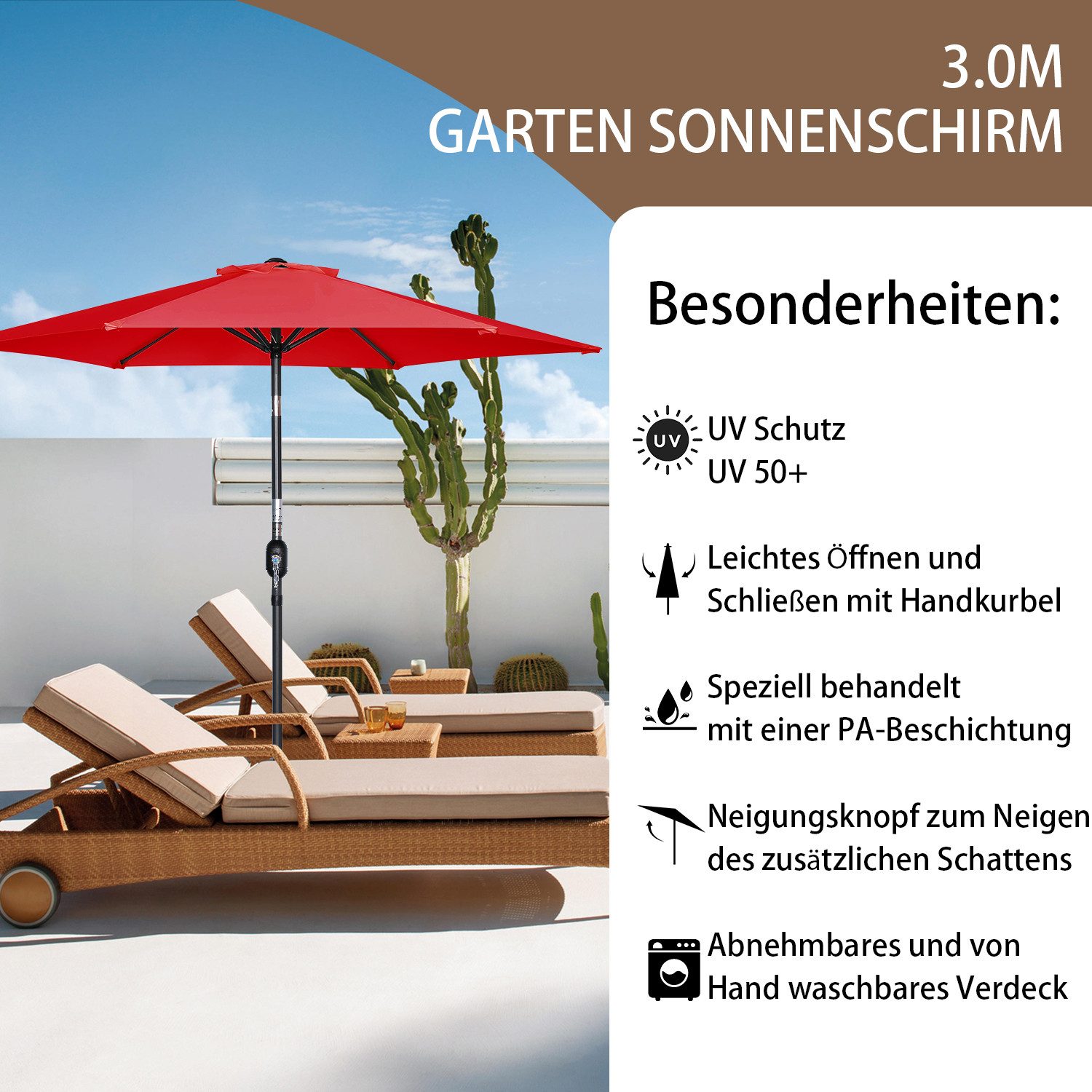 Angel Living Sonnenschirm Ø 300 cm, UV-Schutz 50+, Rund, aus Polyester, für den Balkon, den Strand, den Garten oder die Terrasse, 4.7kg