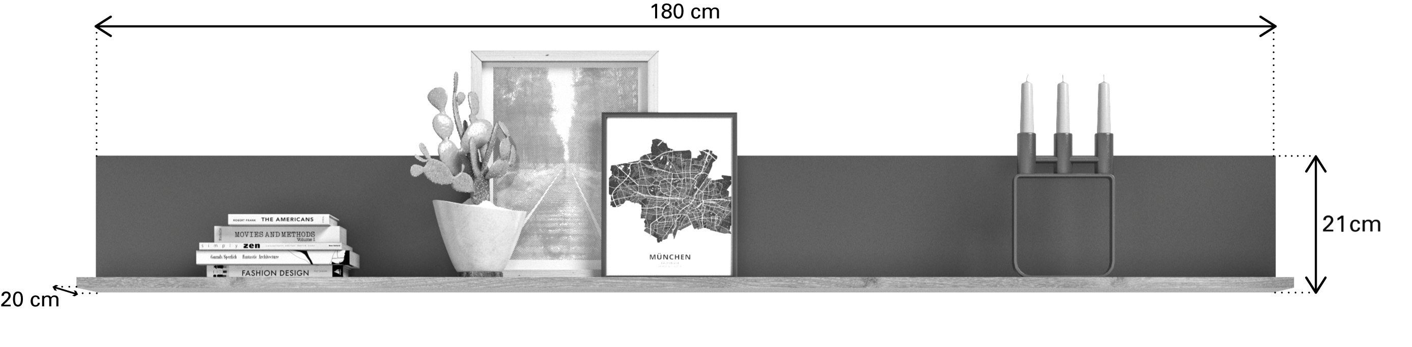 furnling Wandboard Moskau, Höhe Eiche, Breite 180 20 cm, cm, cm, 21 Tiefe Grau