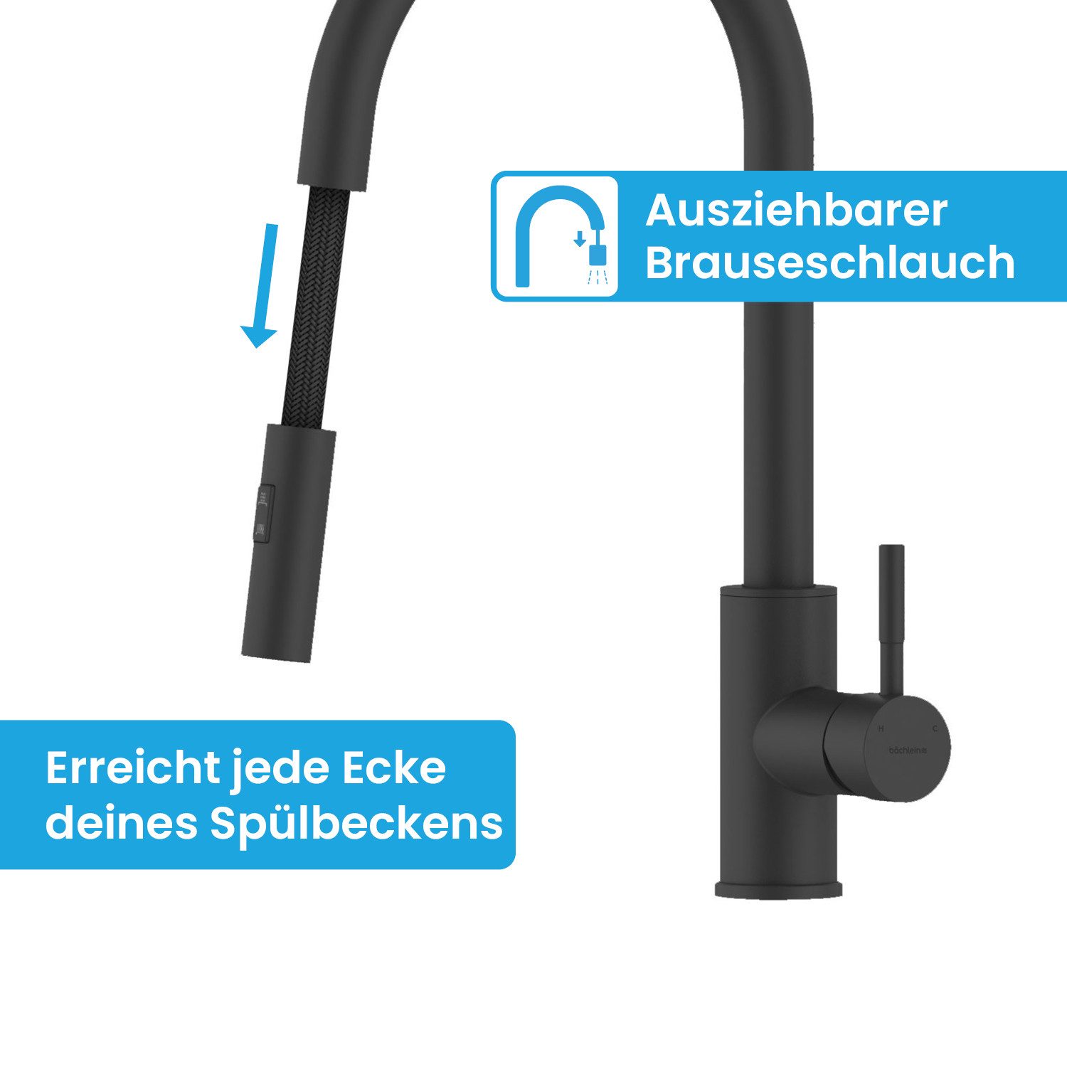 Bächlein Spültischarmatur Elegante Küchenarmatur Kocuso (Schwarz-matt) hochwertige Designarmatur mit ausziehbarem Flexschlauch – Bild 4 von 5