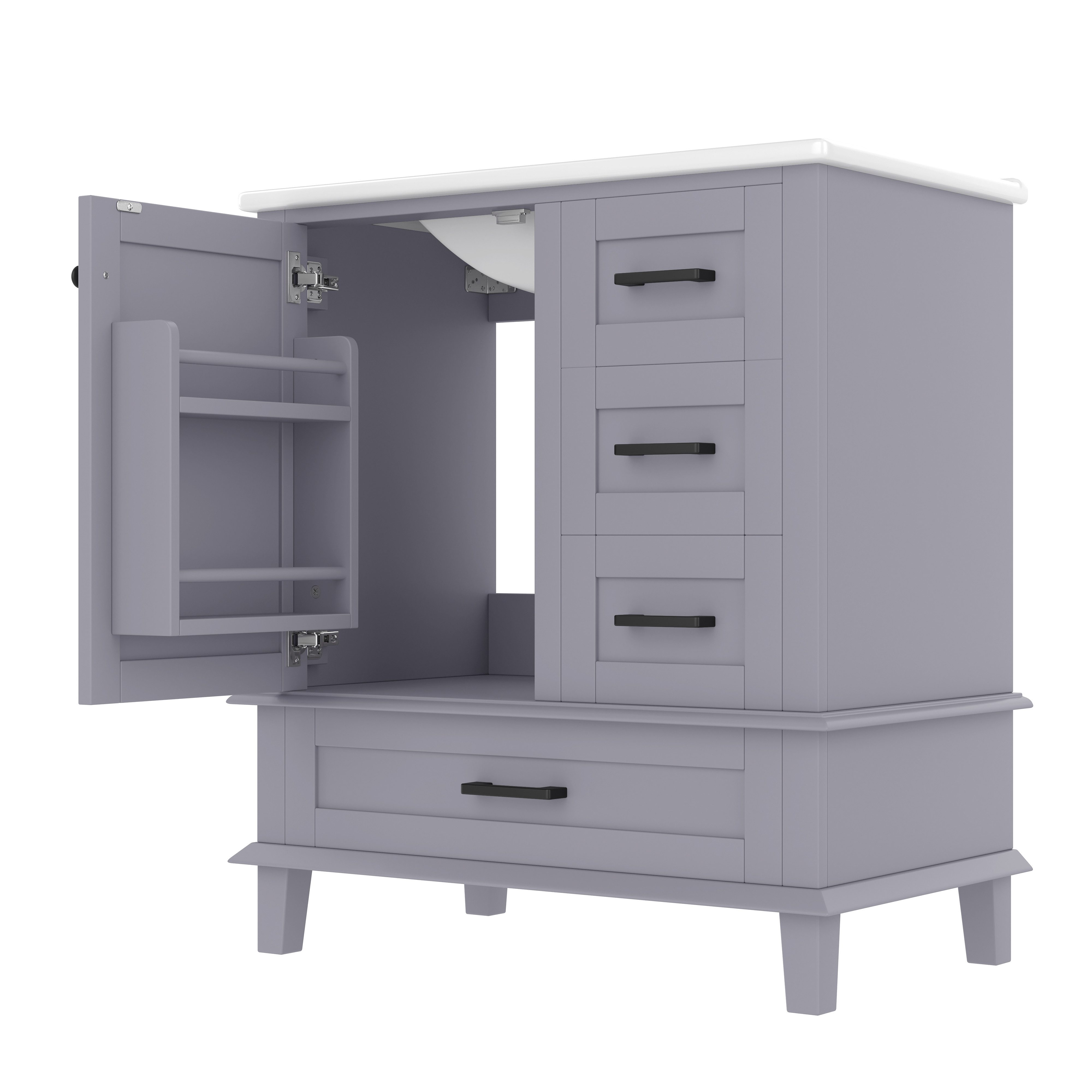 Flieks Waschtisch mit 3 Schubladen und Türregal, Waschbeckenunterschrank mit Waschbecken (B76/T46/H83,5 cm, Beine aus Massivholz, 1-St., bodenstehend, Badschran – Bild 5 von 5