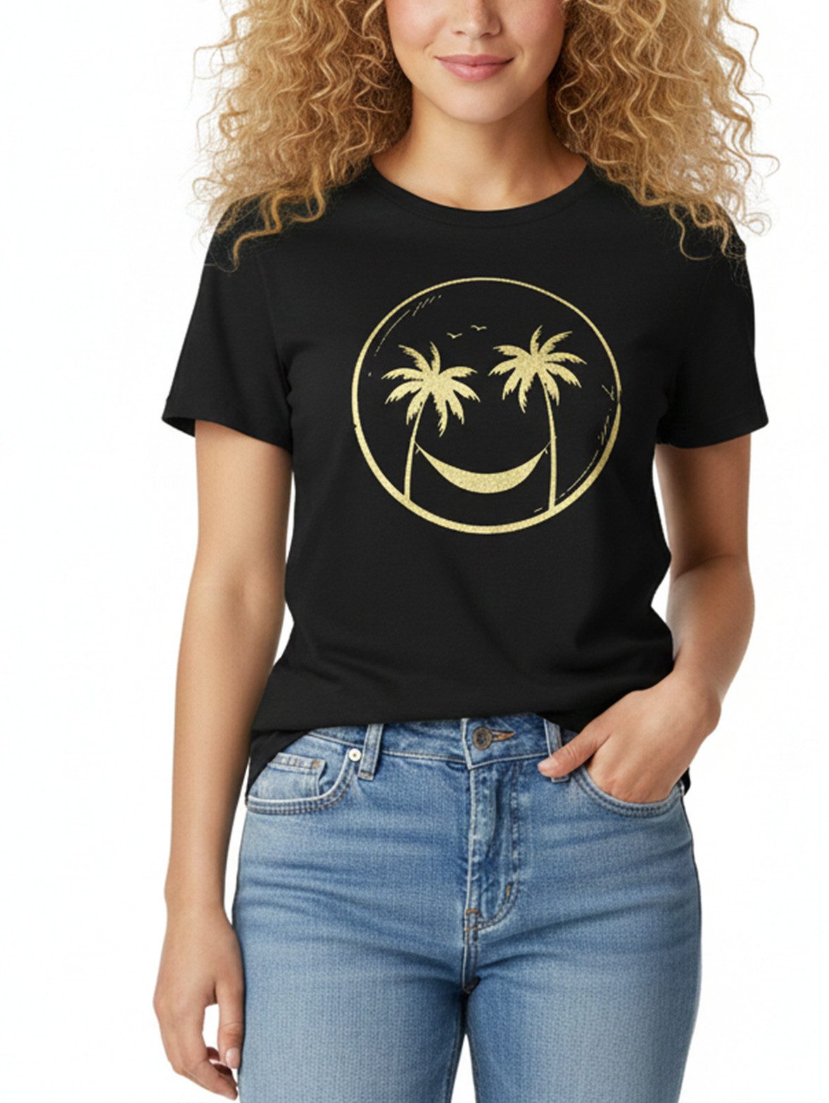 MAKAYA T-Shirt Schwarzes Damen Top – Palmen & Smile Motiv für den Urlaub (Schwarz, S, M, L, XL) Baumwolle