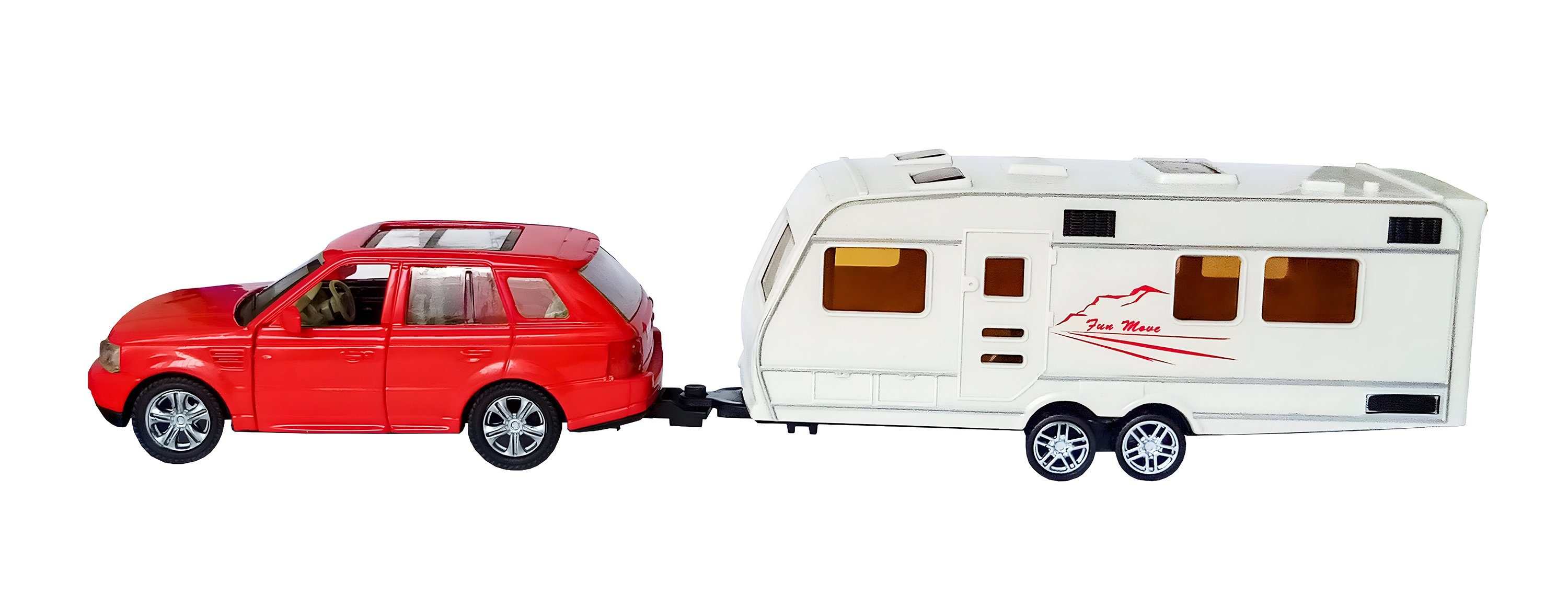 Toi-Toys Modellauto MODELLAUTO mit Wohnwagen Rückzug 1:48 Modell Metall Camper 52, (2-tlg), Camping Auto Spielzeugauto Geschenk Spielzeug Fensterkarton