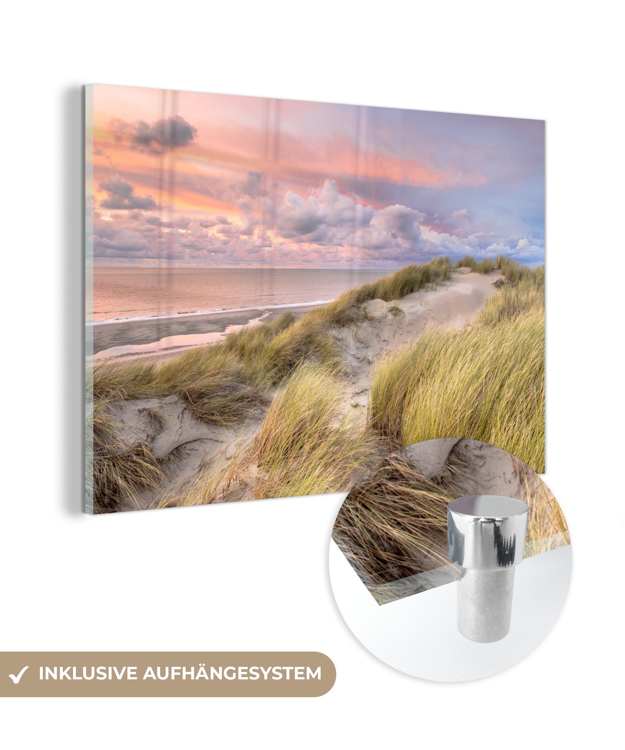 MuchoWow Acrylglasbild Strand - Meer - Düne - Sonnenuntergang, (1 St), Glasbilder - Bilder auf Glas Wandbild - Foto auf Glas - Wanddekoration