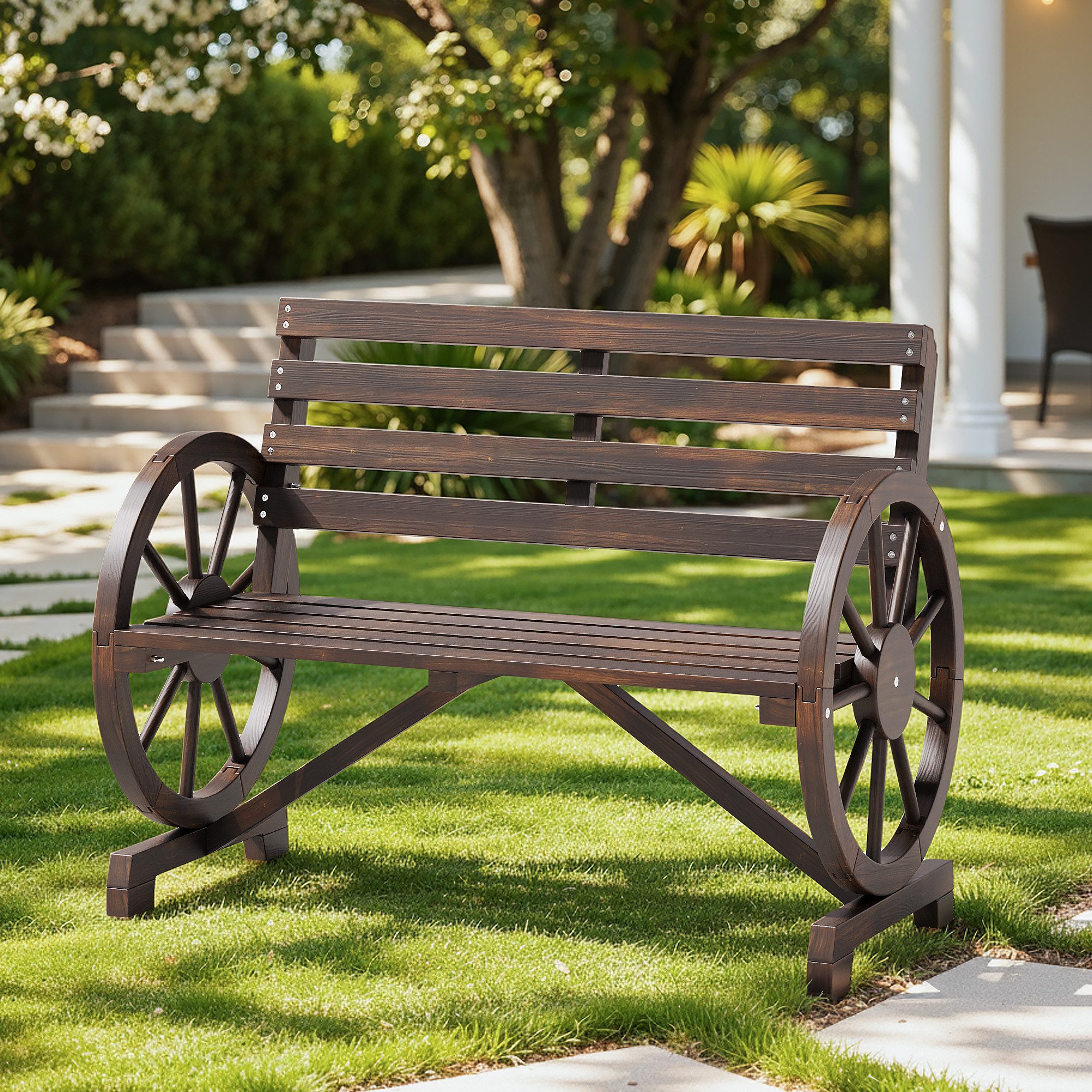 Bealife Gartenbank Aus Holz, für zwei Personen, 102x56x79 cm (Design mit Rädern an den Armlehnen)