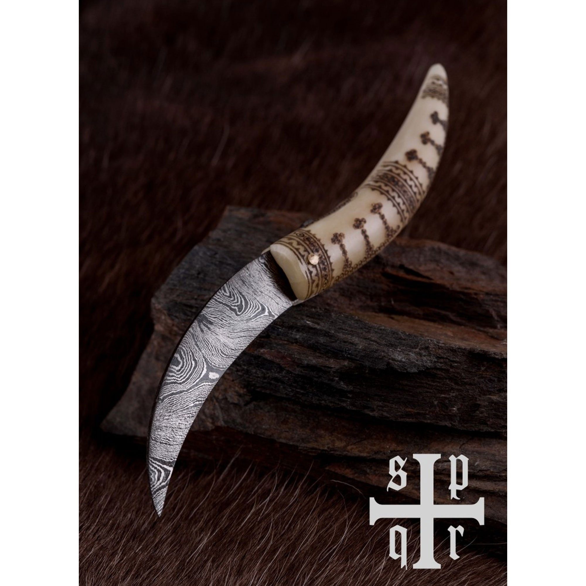 Battle Merchant Universalmesser Wikinger-Taschenmesser aus Damaststahl mit Knochengriff