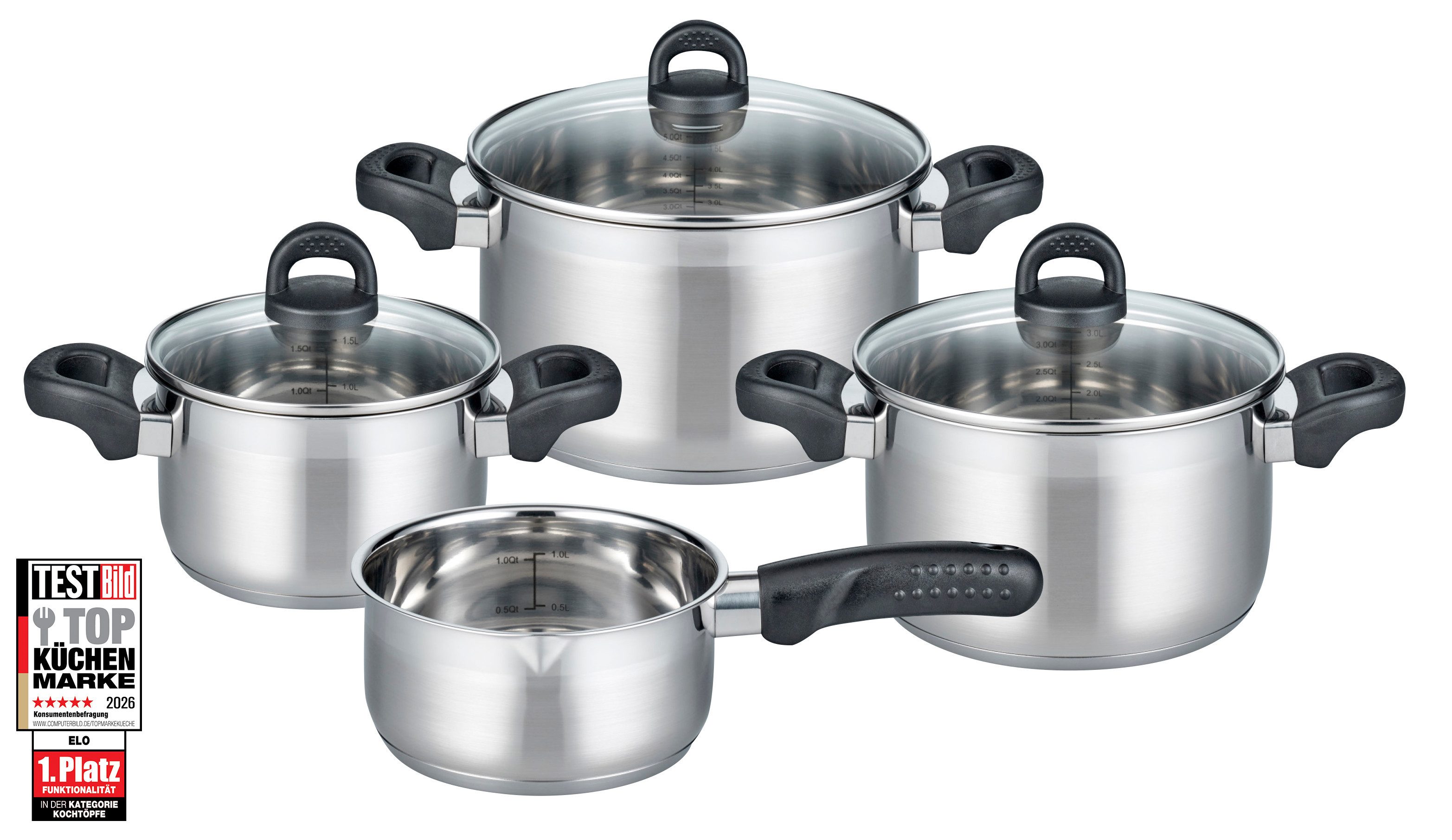 Elo Basic Topf-Set Turmalin, Edelstahl 18/10 (Set, 7-tlg., je 1 Fleischtopf Ø 16/20/24 cm, 1x Stielkasserolle Ø 16 cm), Öl-Dosiersystem, Induktion