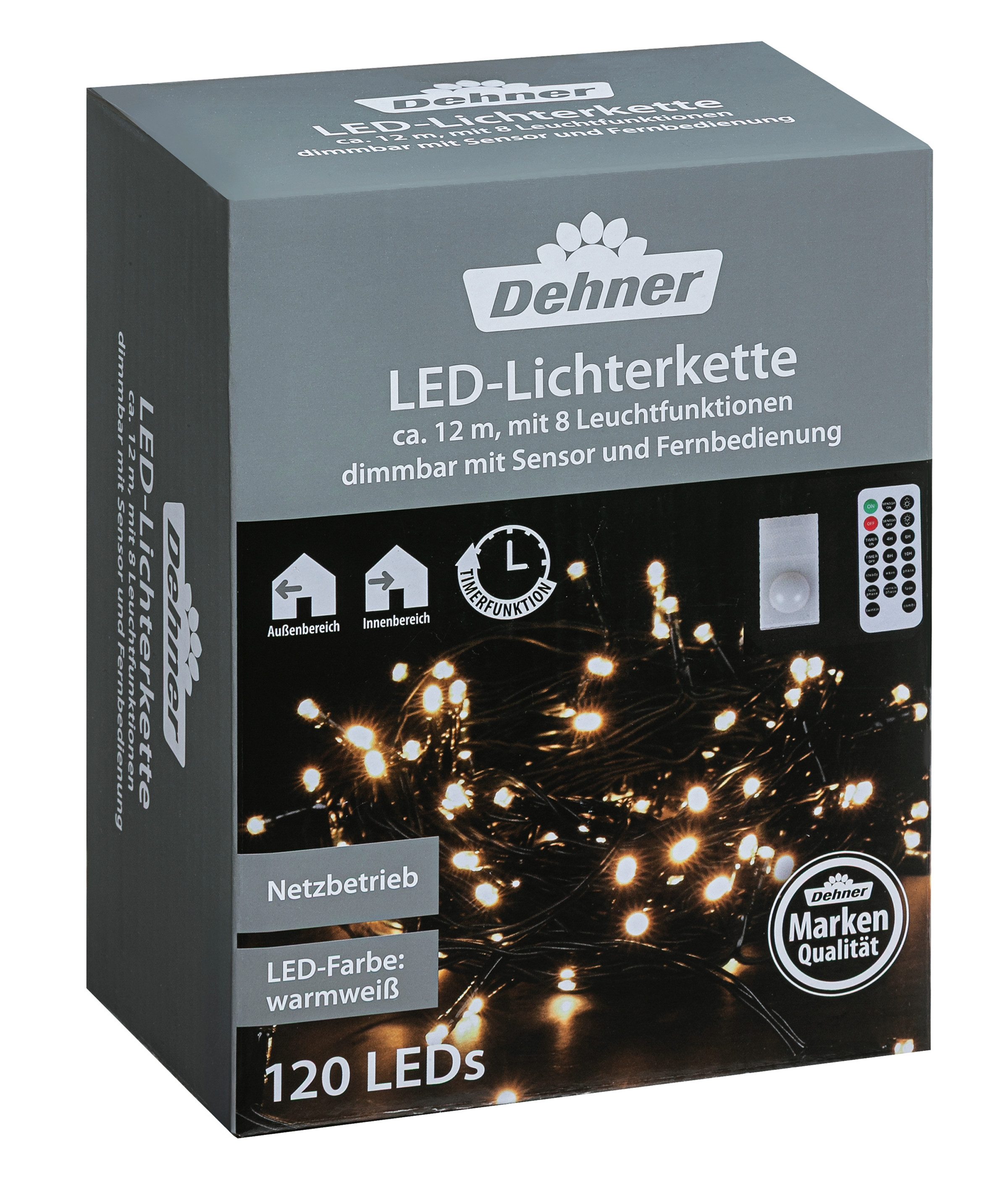 Dehner LED-Lichterkette Dimmbare Lichterkette, 120 LEDs, Länge 12 m, wetterfest, 120-flammig, inkl. Fernbedienung / Timer, 8 Modi, Indoor / Outdoor, IP44