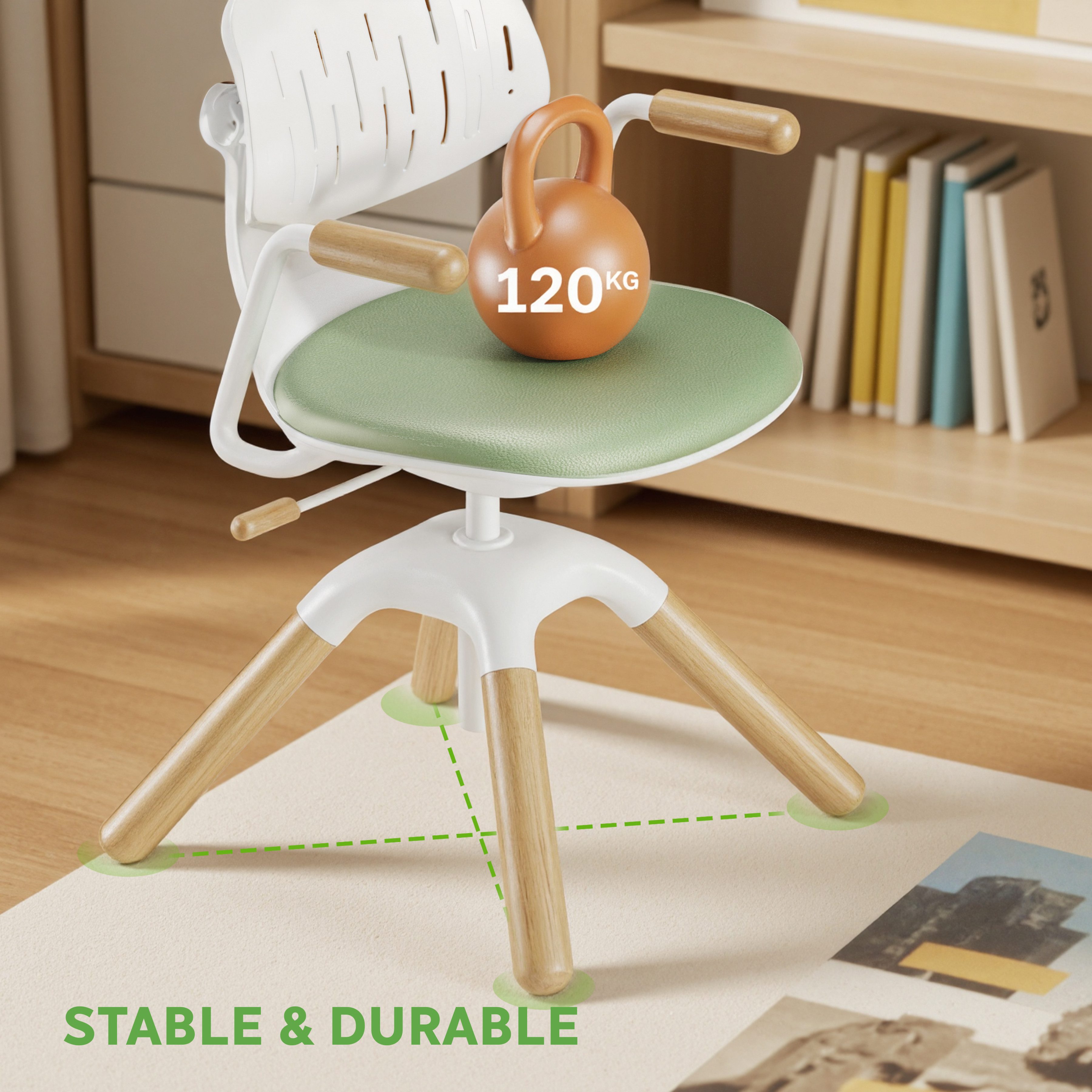 HOKO Kinderschreibtisch höhenverstellbar für Kinder ab 6 Jahren (Kinderschreibtisch-Stuhl-Set, 100x60 cm blendfreie Fläche, 100x40 cm neigbare Platte, mit Schublade), Stuhl 40–50 cm, 360° drehbar, ohne Rollen, Holzoptik/Grün, LUKA & LEVI