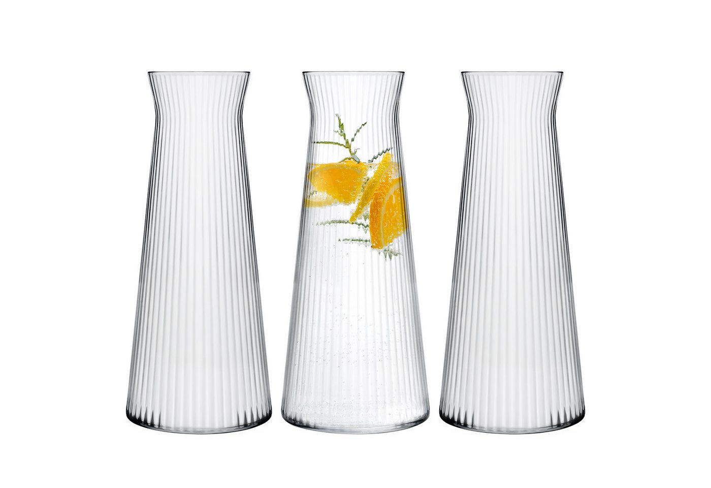 KONZEPT Wasserkaraffe Karaffe Glas 1 liter, geriffelte, Wasserkaraffe ohne Deckel, (3-tlg), zum Servieren von Wasser, Wein, Säften sowie als Vase