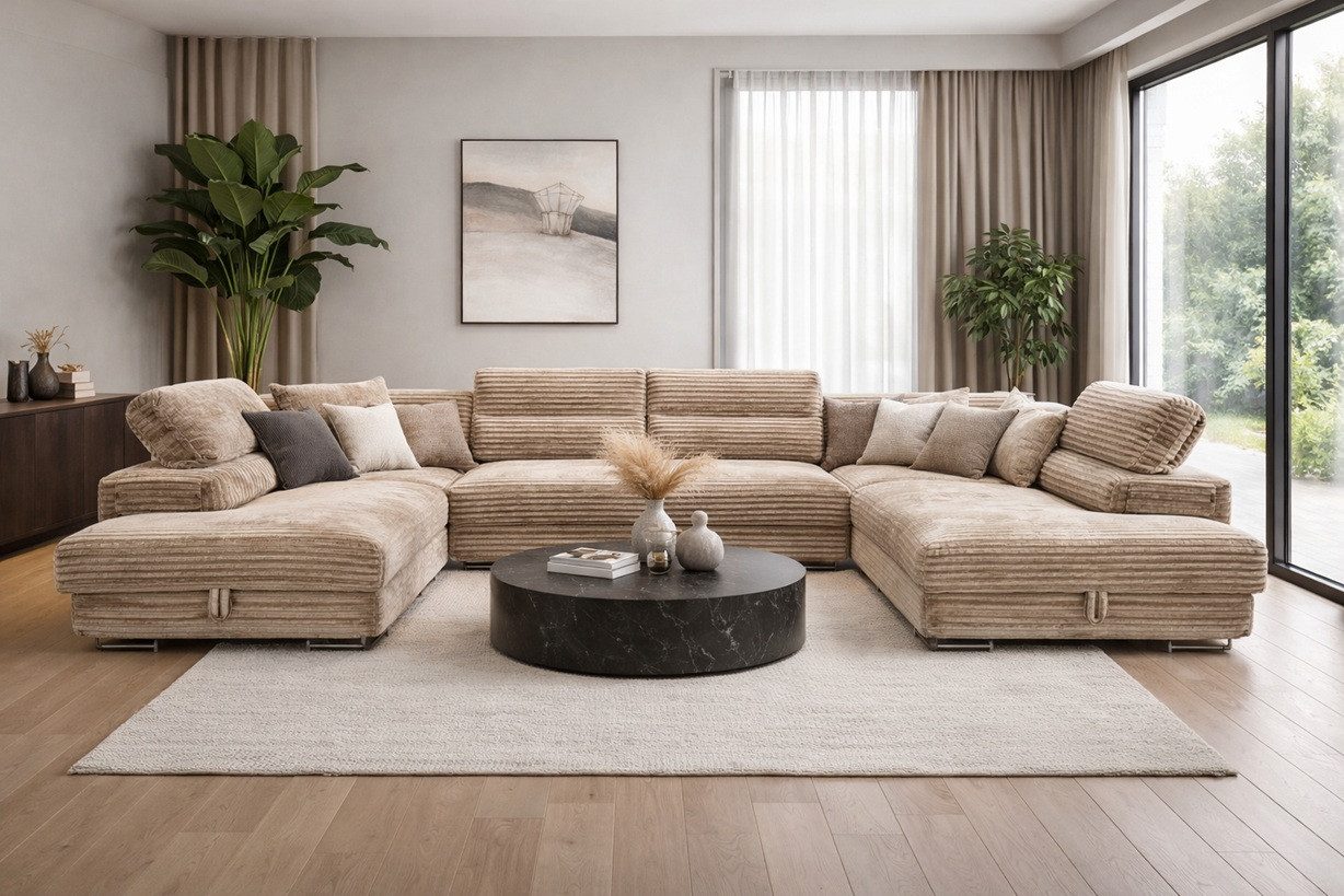 Labett Wohnlandschaft mit Schlaffunktion & Bettkasten GUSTAVO U-Form Sofa aus Cord