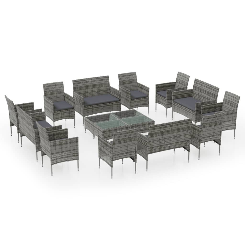 vidaXL Gartenlounge-Set 16-tlg. Garten-Lounge-Set mit Auflagen Poly Rattan Grau, (16-tlg)