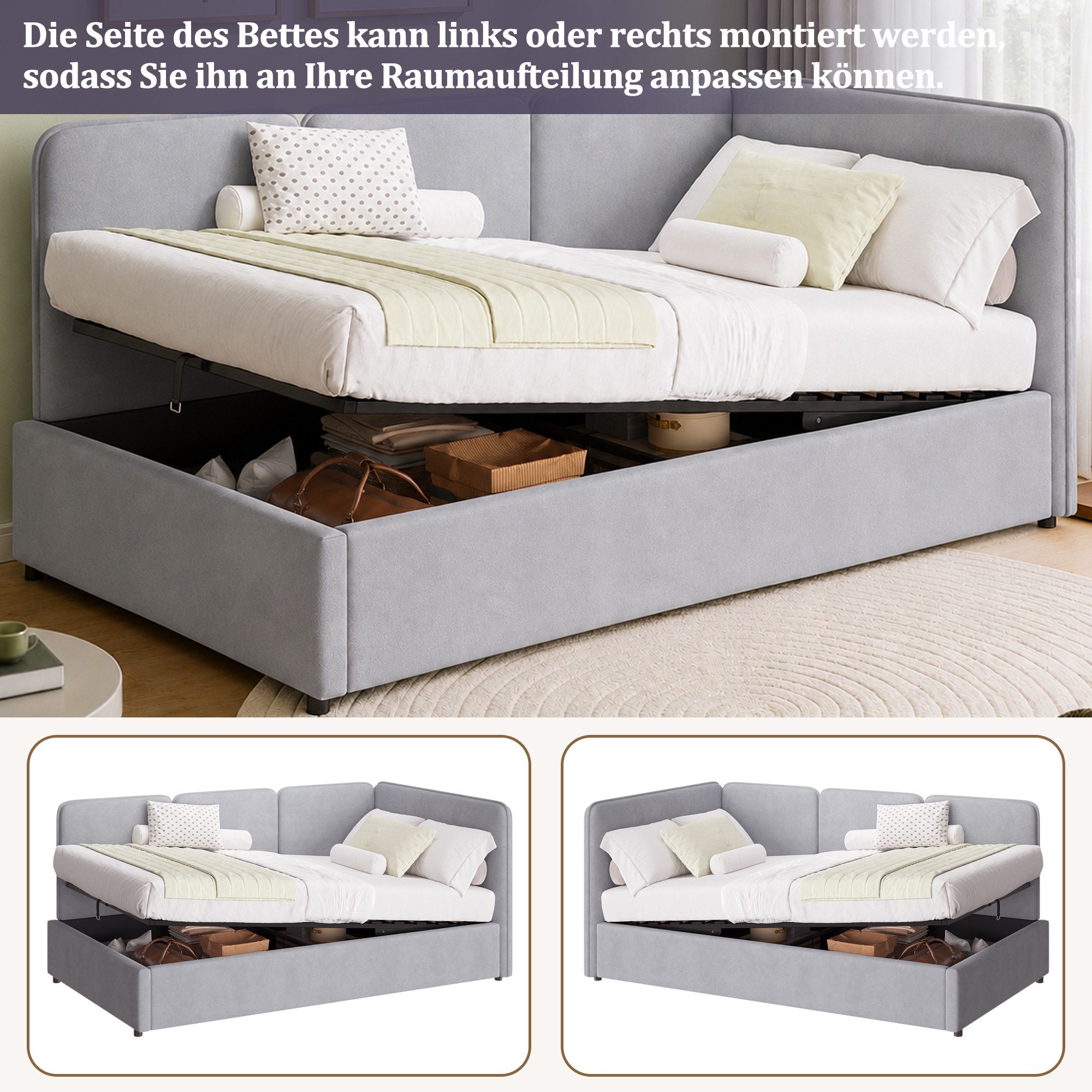 Celya Polsterbett Daybett, Tagesbett 90x200 cm mit hydraulischem Stauraum (ohne Matratze, flexibel montierbare Seitenlehne), Geeignet für Schlafzimmer, Jugendzimmer, Kinderzimmer