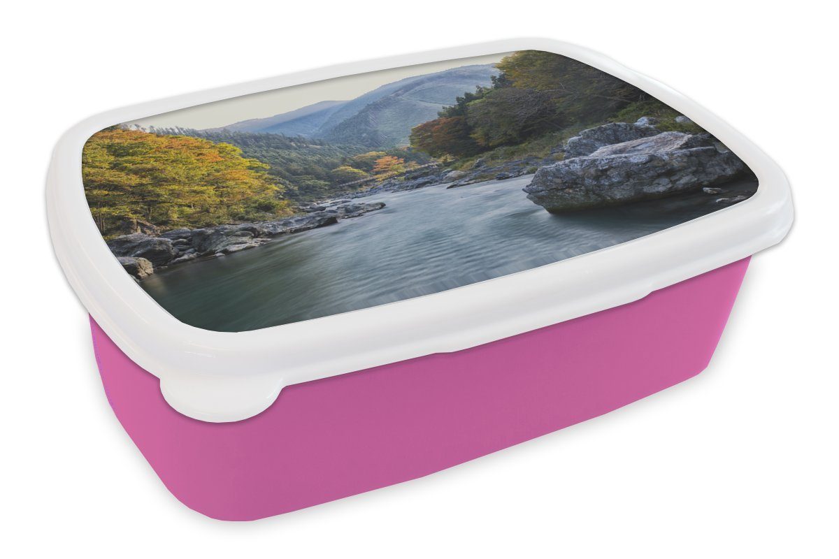MuchoWow Lunchbox Fluss bei Okutama in Japan mit Herbstfarben, Kunststoff, (2-tlg), Brotbox für Erwachsene, Brotdose Kinder, Snackbox, Mädchen, Kunststoff rosa