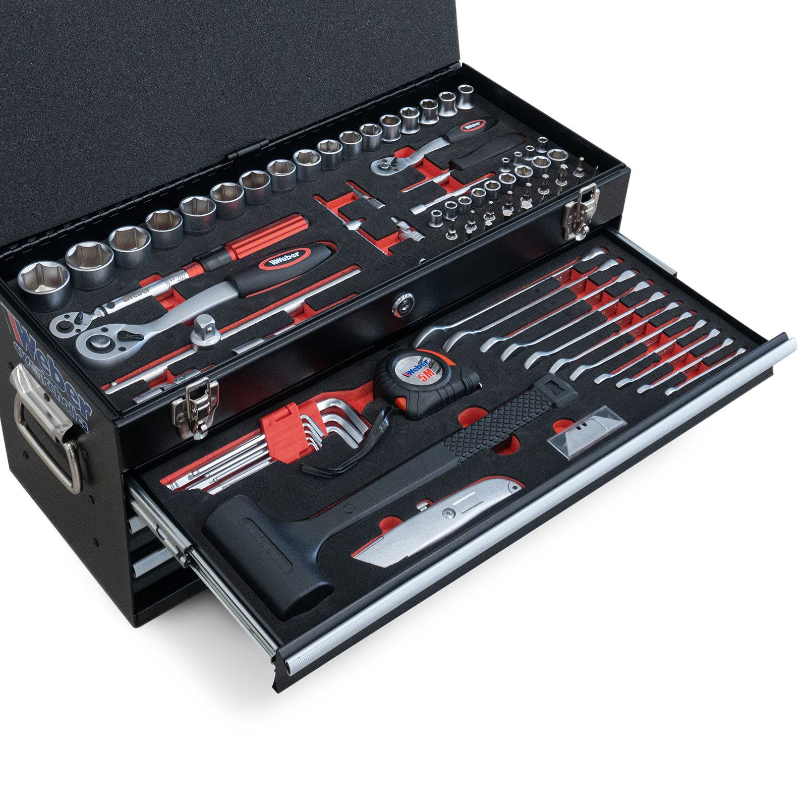 Weber GmbH Werkzeugset Profi Werkzeugkoffer gefüllt 104-teilig für Garage und Heimwerker, (104-tlg., Werkzeugkoffer), perfekt für Motorradfahrer & Heimwerker, abschließbar