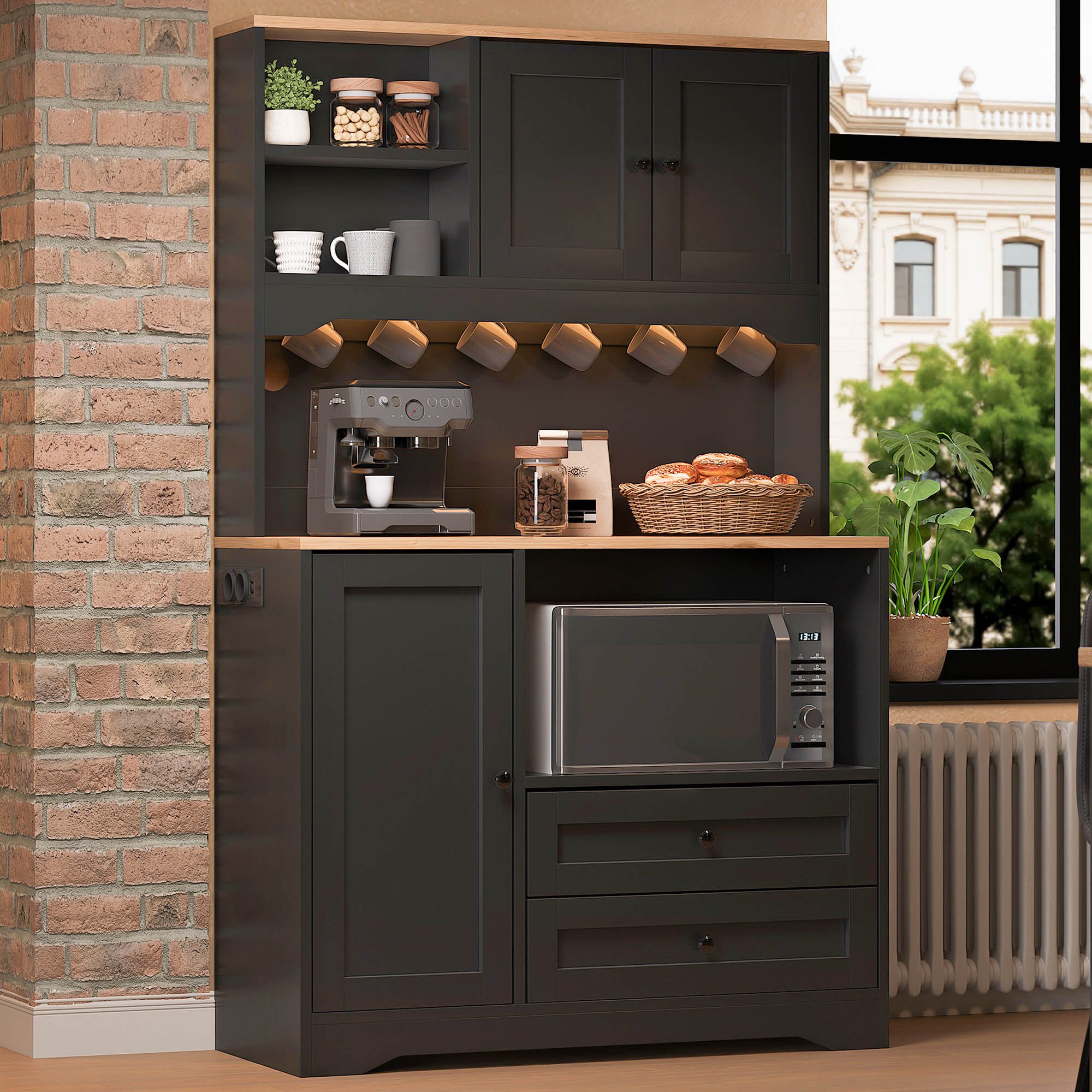 Flieks Küchenbuffet Hochschrank mit LED-Beleuchtung, Steckdosen, 6 Haken, Türablagen (Ladefunktion, verstellbare Einlegeböden, 1-St., B100xT40xH163 cm) Küchenschrank Mehrzweckschrank mit Arbeitsplatte Natur&Schwarz