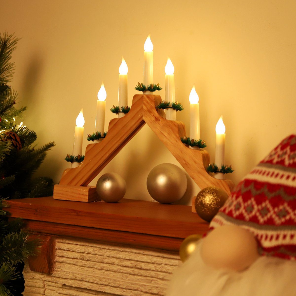 LED Schwibbogen Salcar Holz Lichterbogen Weihnachten 7 mit Spitzkerzen,