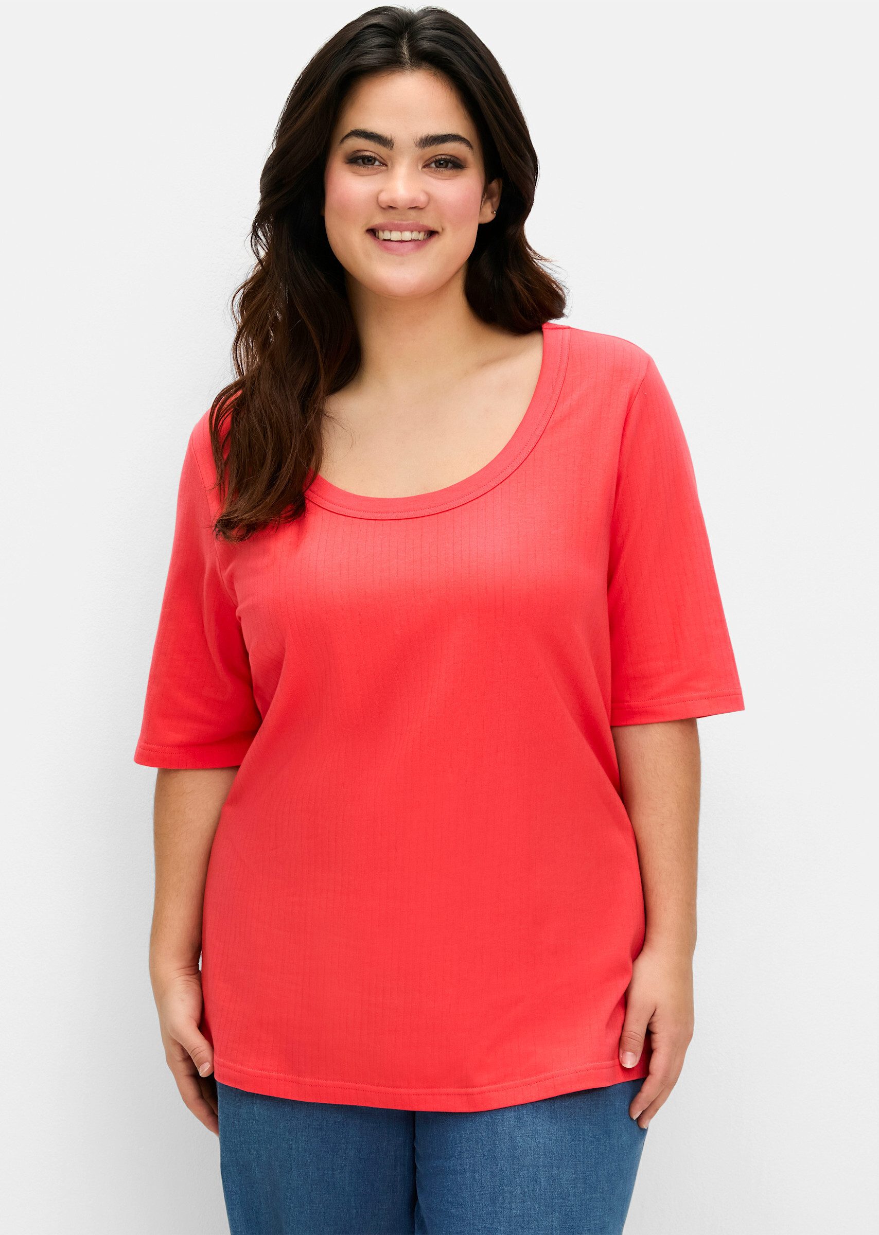 Sheego T-Shirt T-Shirt Kurzarm mit weitem Rundhalsausschnitt, in Rippstrukt günstig online kaufen