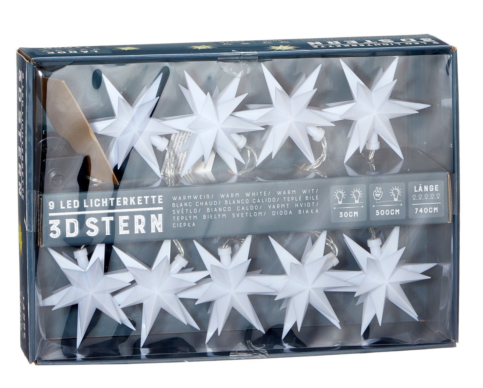 9 Spetebo Stern mit weiß, Sterne LED-Girlande 3D - Lichterkette Sterne in 9 LED