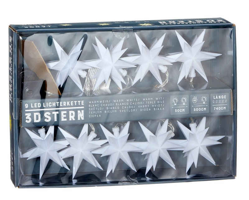 Spetebo LED-Girlande 3D Stern Lichterkette mit 9 LED - Sterne in weiß, 9-flammig, 9 Sterne
