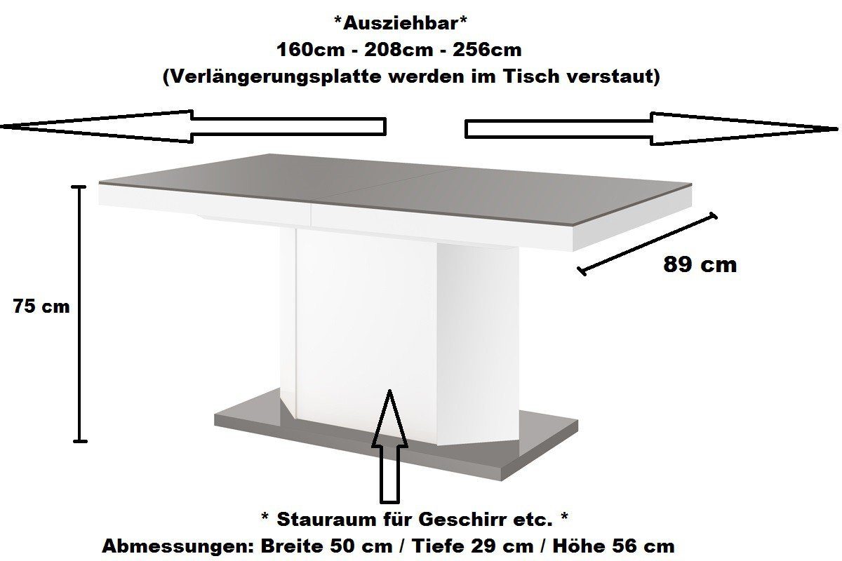 Design ausziehbar HE-333 Stauraum Esstisch Weiß designimpex Esstisch 160-256 Hochglanz Hochglanz cm Tisch